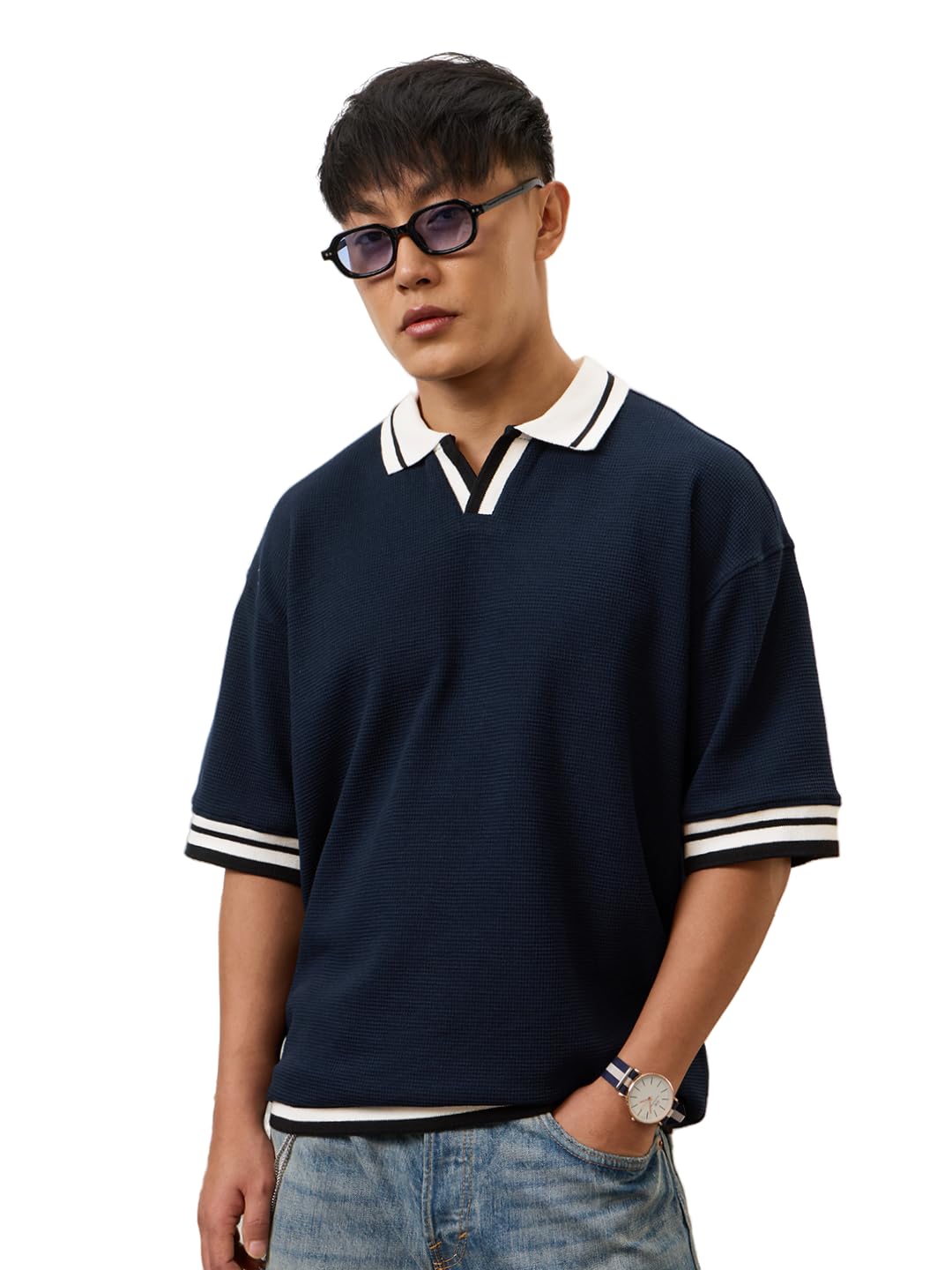 the souled store Oversized Polo: Orion Blue Men and Boys Short Sleeve Polo Neck Navy Blue Solid Cotton Drop Shoulder Breathable Textured Comfortable Oversized Polos-picture-41