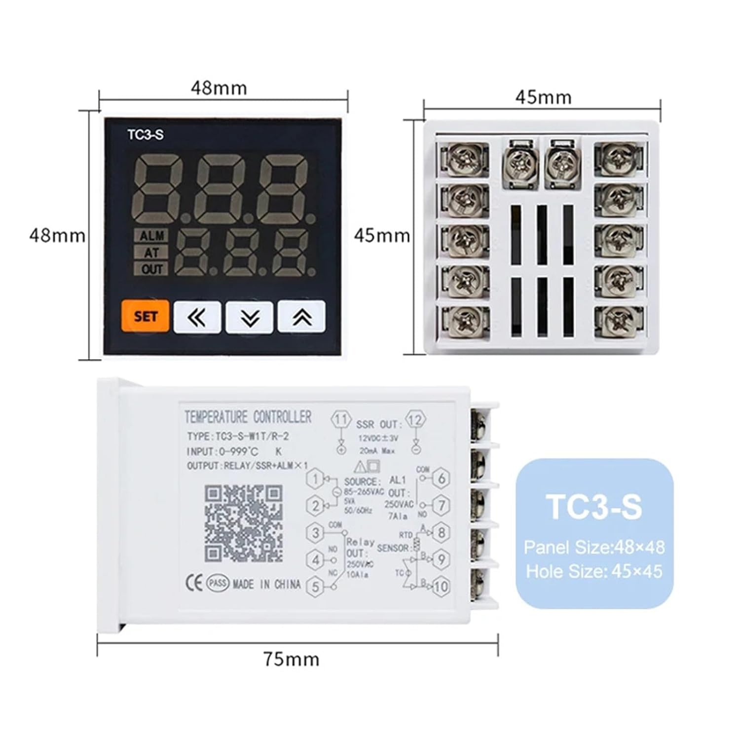 TC3 Intelligent Digital Display Temperature Controller AC85-265V Universal Input Double Output PID Control Thermostat 1Pcs(TC3-S)