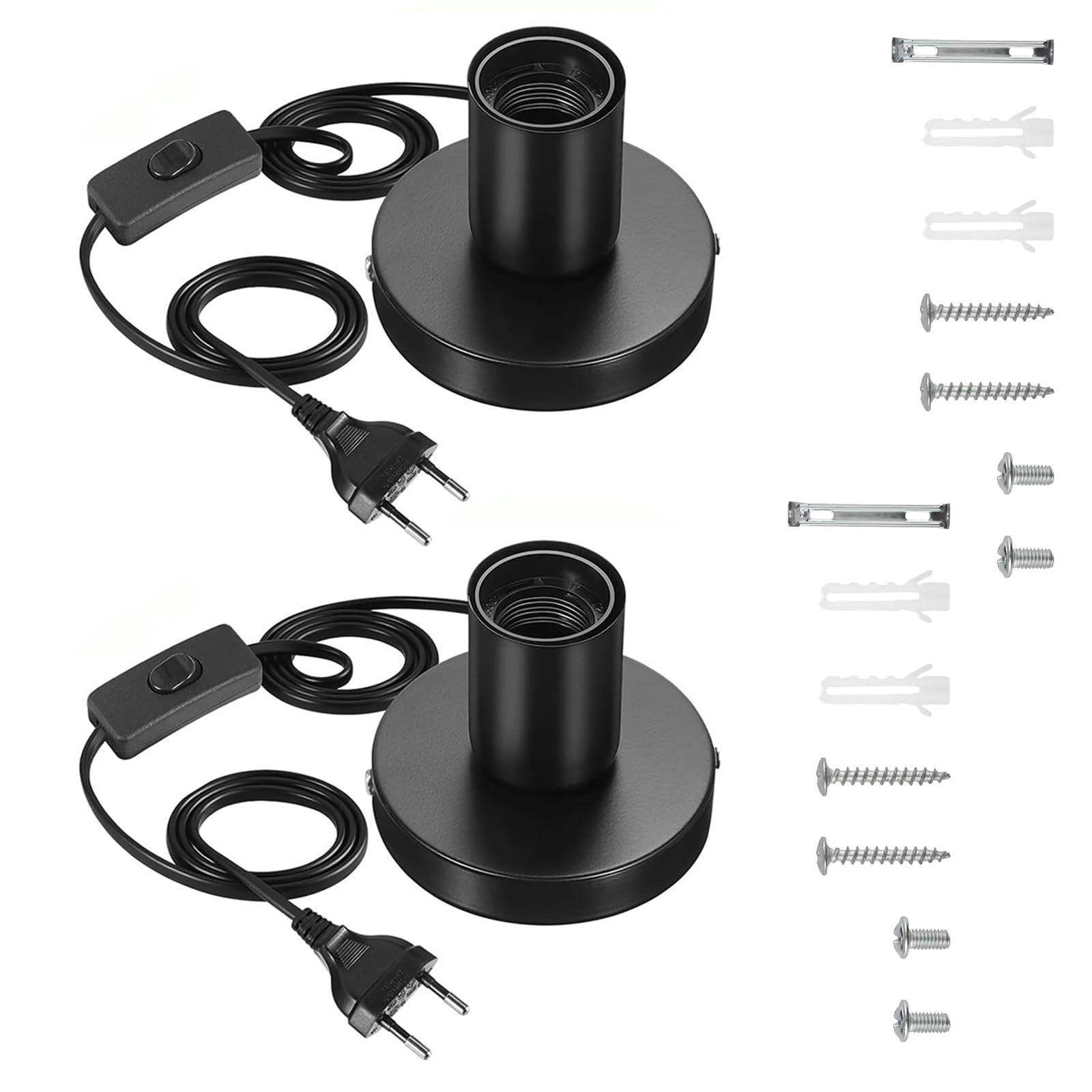 BEELUKY 2 Stück Lampenfassung E27 mit Schalter Schwarz mit 1,8m Netzkabel und Kabelschalter – Für DIY Pendelleuchte, Hängeleuchte, Industrielle Vintage Tischlampe in Wohnzimmer, Büro, Bar (220V, 3A)
