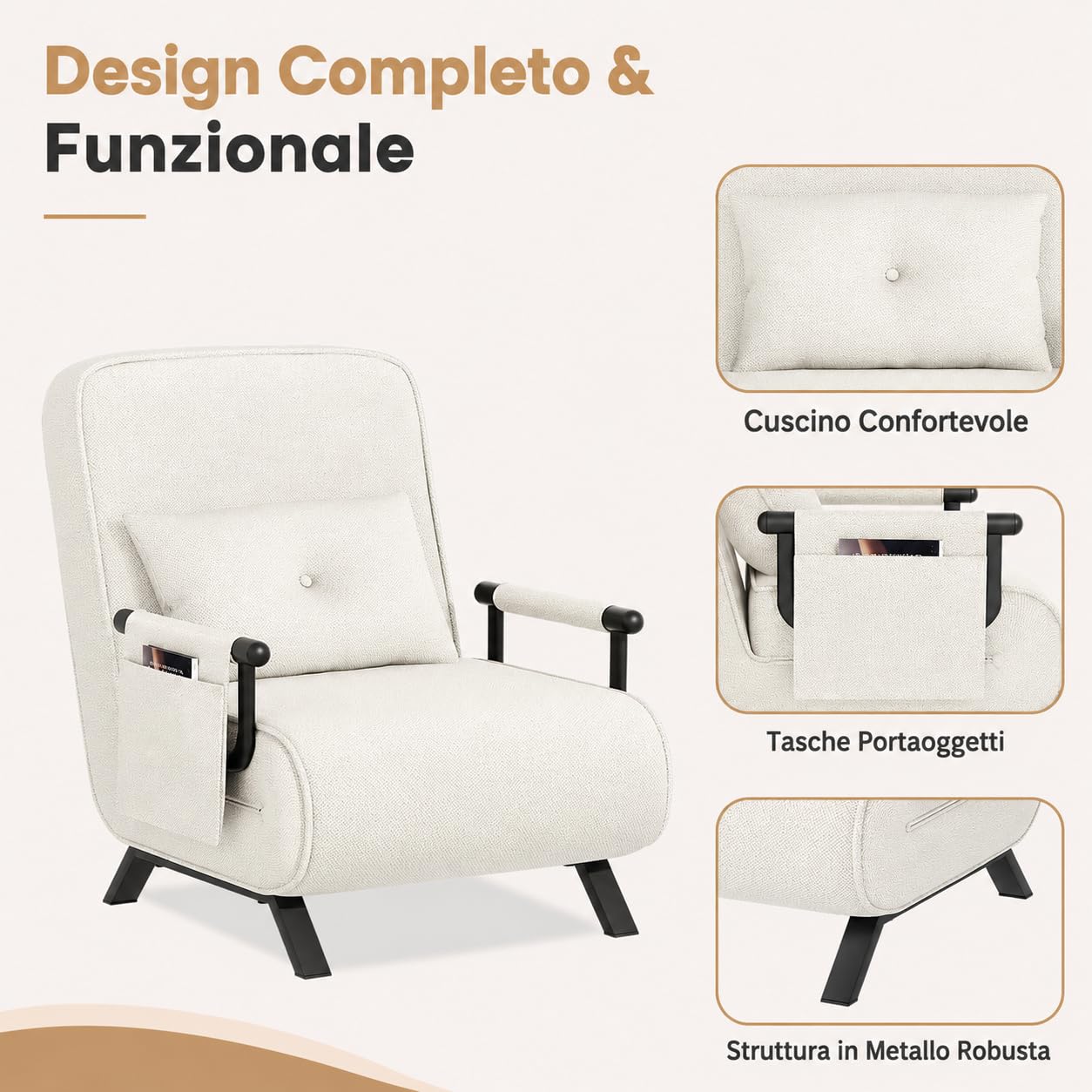 YOUDENOVA Poltrona Letto, Divano con Funzione Letto, Divano Letto con Schienale Regolabile, Divano con Tasche Appendibili, Divano Pieghevole, Letto per Ospiti, Chenille, 190 x 69 cm, Beige
