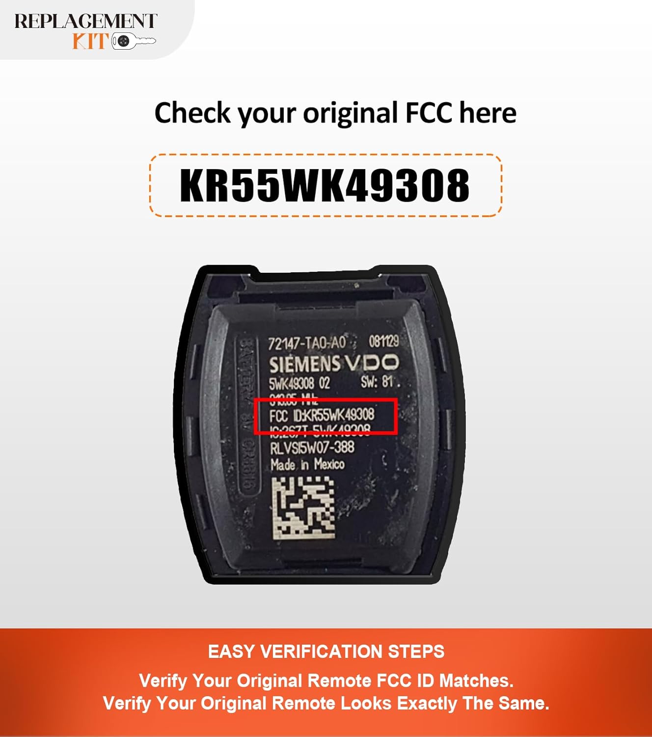 Simple Key Replacement Kit for Honda KR55WK49308 fits Accord 4 Doors Sedan 2008 2009 2010 2011 2012