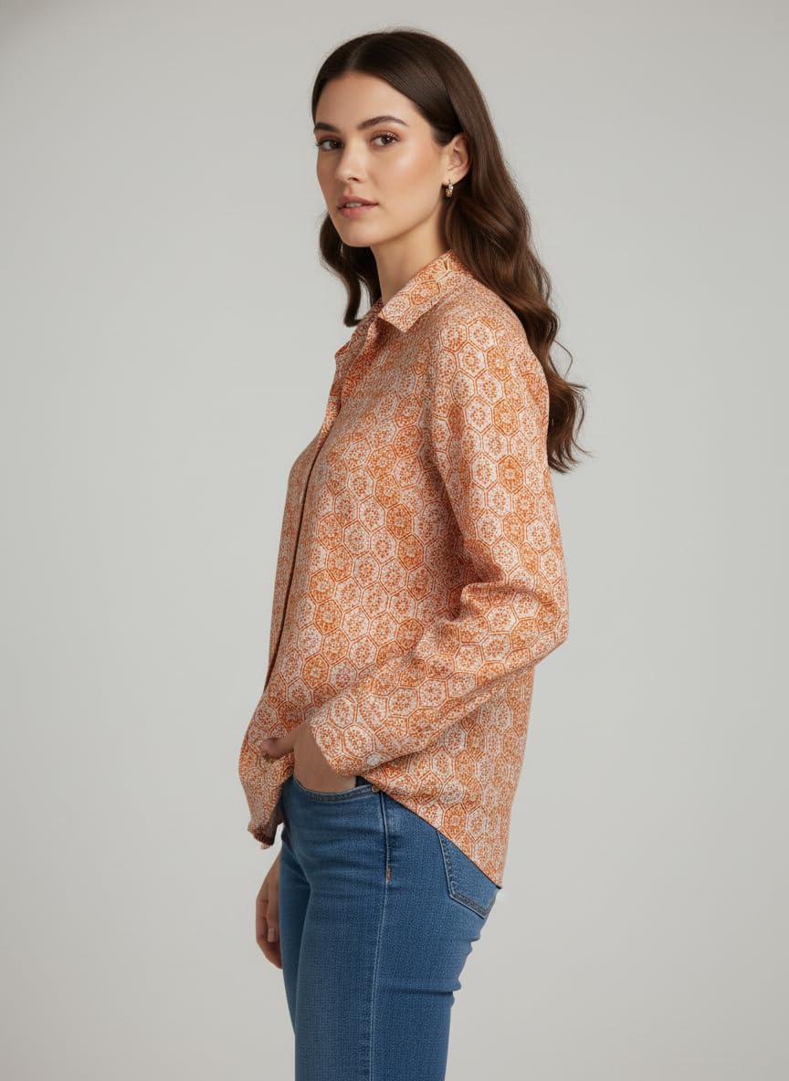 ANNI Designer Bedrucktes Damenhemd aus Baumwollmischgewebe, langärmelig, normale Passform, Hemdkragen, legere Bürokleidung, elegante Western-Kleidung für den Alltag, Hochzeit, Party