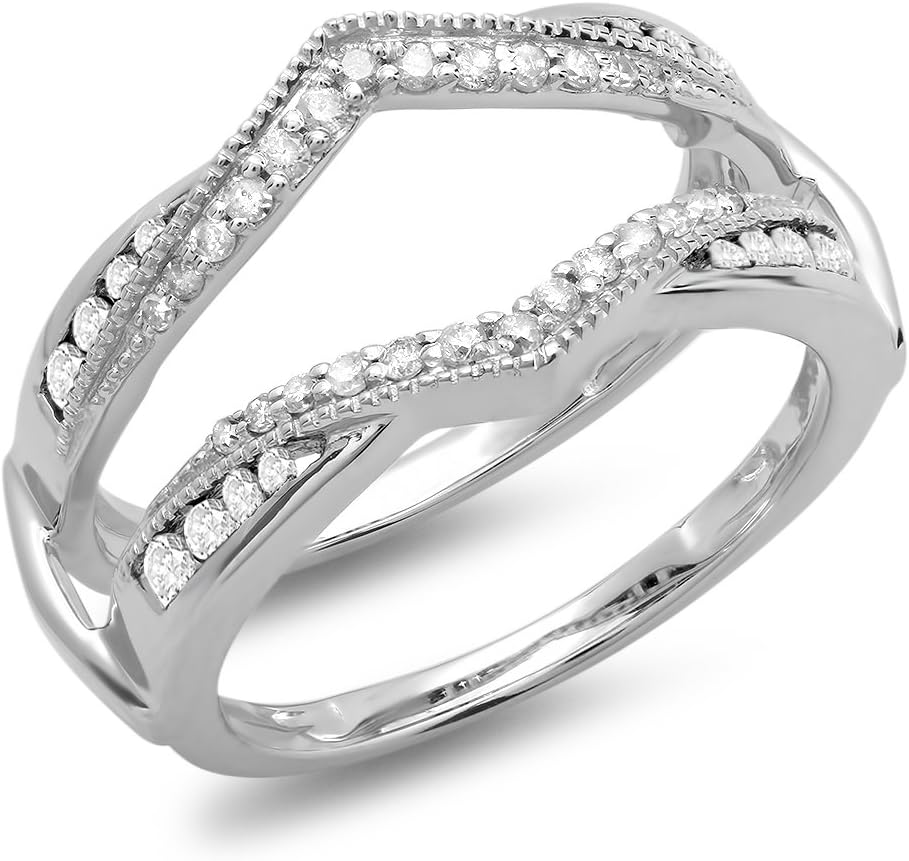 0.50 Carat (Ctw) 14K White Gold Plated Round White Diamond Ladies Anniversary Wedding Band Enhancer Guard Double Ring 1/2 CT