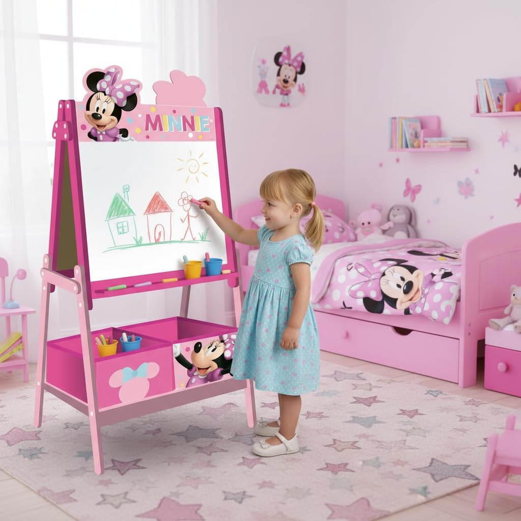 ARDITEX - Pizarra infantil de Disney Minnie Mouse con doble superficie para uso de tiza y rotulador y 2 contenedores textiles para almacenaje - 54x45x117cm - Contenedores de 24x30x15cm - Color rosa