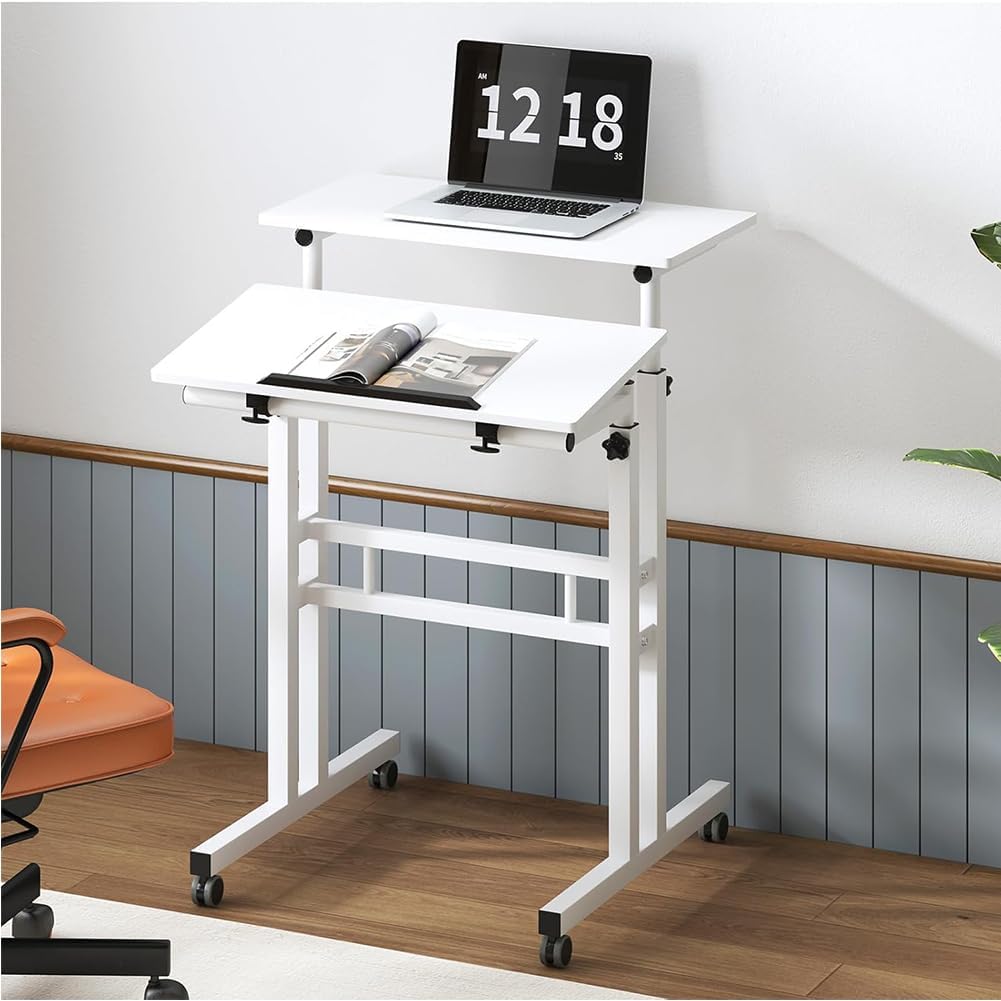 Acekool Bureau Assis-Debout Mobile réglable en Hauteur sur roulettes - Double Plateau 60 x 60 cm inclinable - Poste de Travail Ergonomique - Blanc