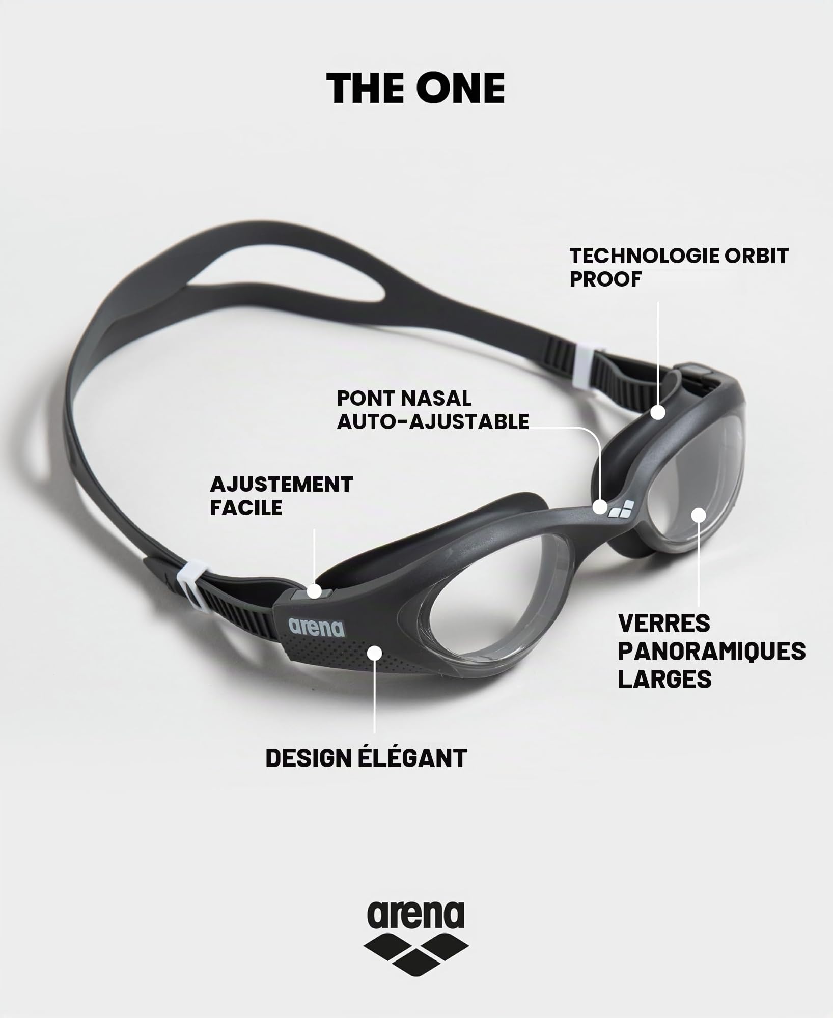 Arena Lunettes de Natation Adultes The One Antibuée Verres Larges Protection UV Pont Nez Auto-Ajustable