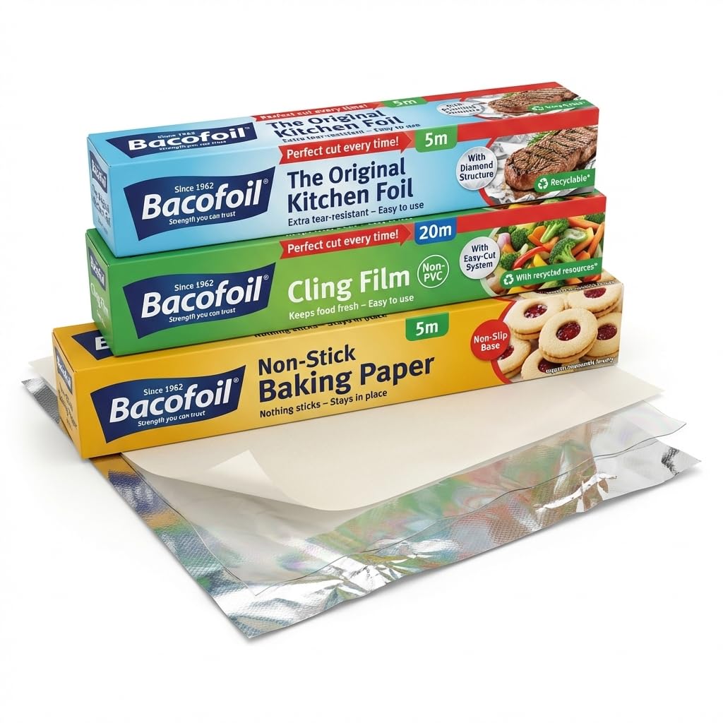Bacofoil Kitchen Essentials Bundle Set - Cling Film 20m + Non-Stick Baking Paper 5m + Aluminium Foil 5m | Kitchen Wrap for Cooking, Freezing & Food Storage | Easy-Cut System | Recyclable
