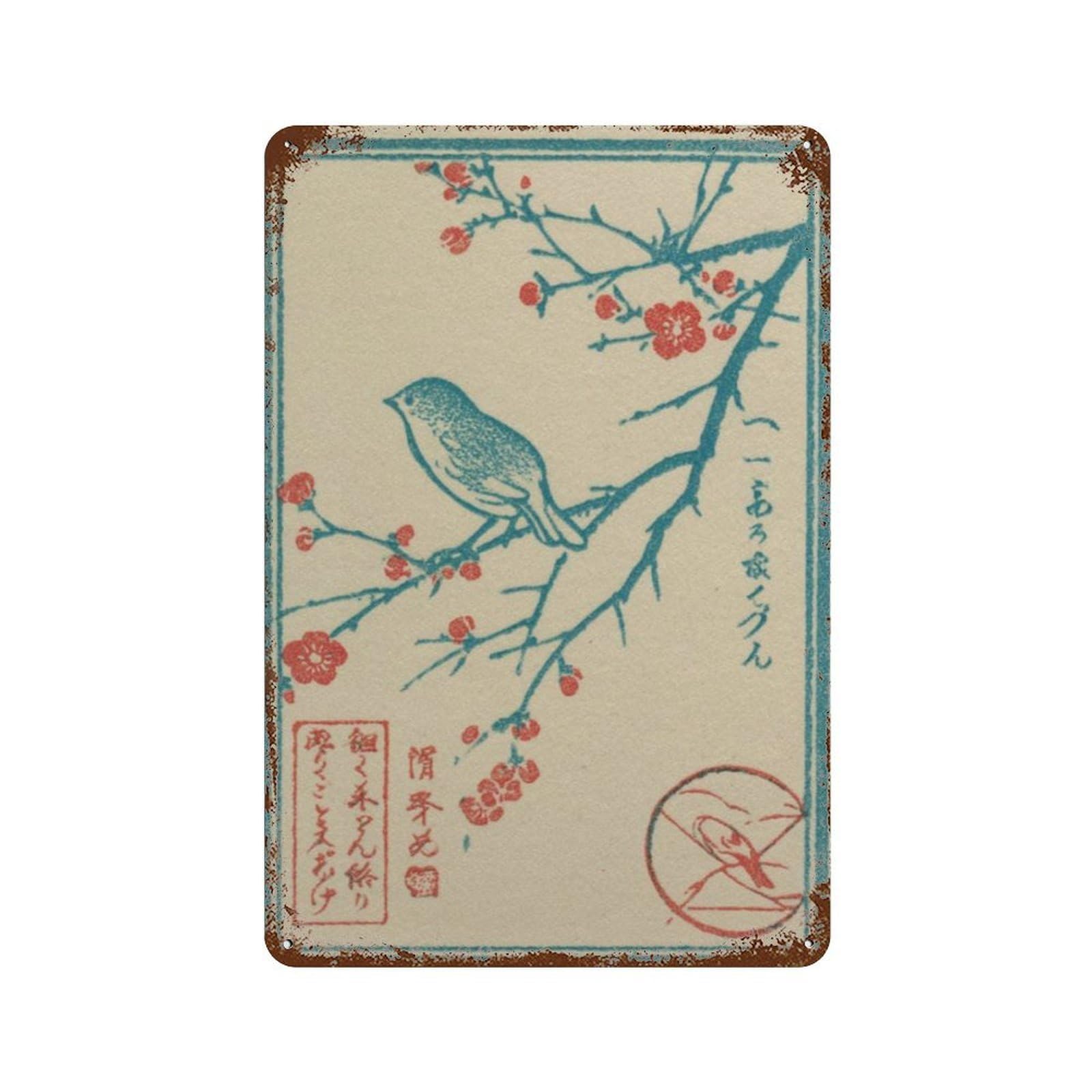xiaoxiaoshen Japanese Bird Blossom Woodblock Style Sparrow Floral Minimal Nature Wall Decor Art Metal Tin Poster Modern Home Decor Art Home Bar Shop Decorations Vintage Sign 30x20cm