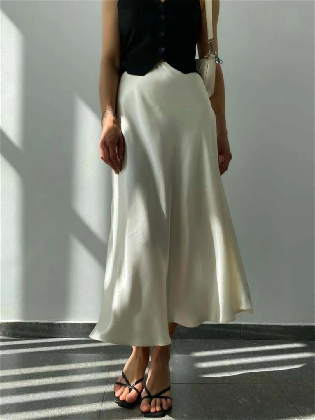 Jupe longue en satin pour femme - Taille élastique - Jupe trapèze en soie unie