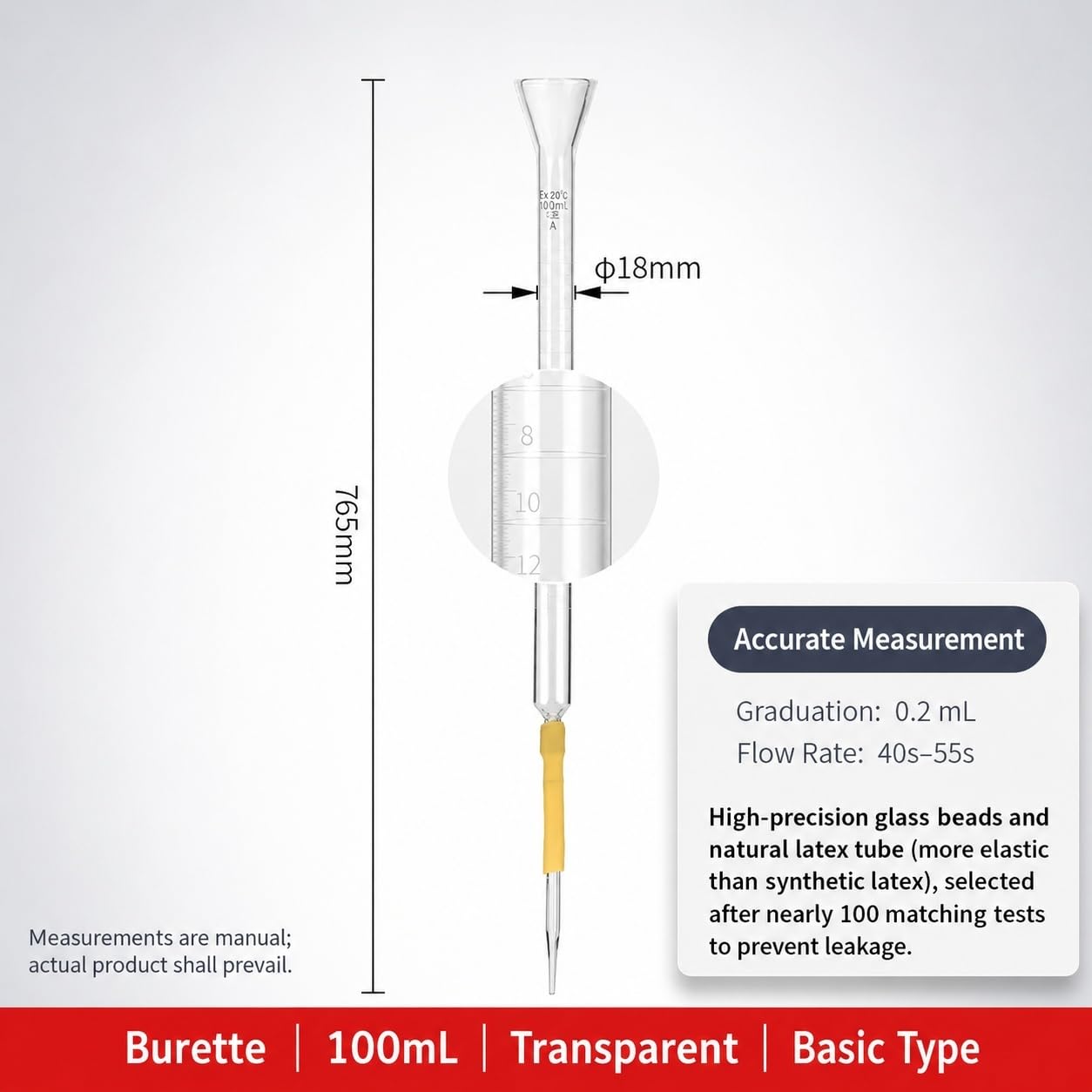 Labor-Glasbürette mit Trichter-Rand und Latexschlauch-Kugel-100mL | Ideales Labor-Glasgerät für Basen-Titration und Lösungsanalyse