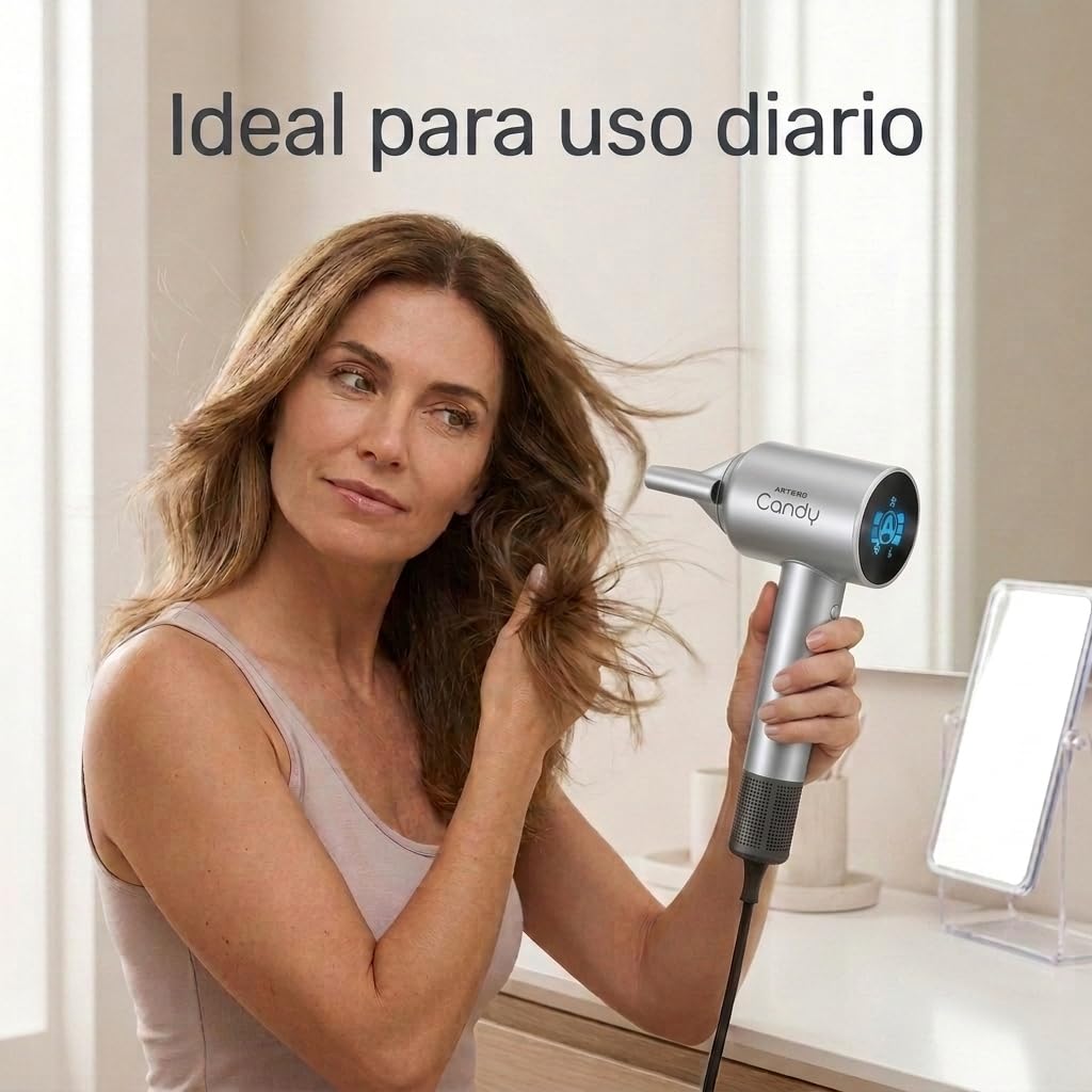 ARTERO Candy Secador Profesional para Peluquería y Barbería — Motor Brushless BLDC 1600W Silencioso, Ultraligero 380g, Compacto, Ergonómico, Boquilla Magnética (Gris)