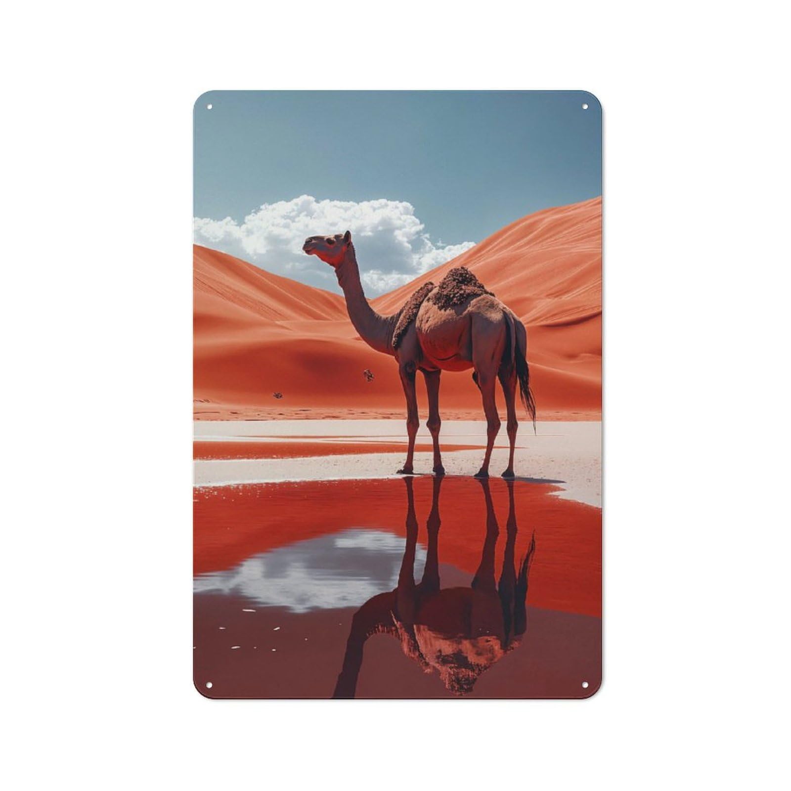 Junmoney Style-1 For Hobby Room Or Studio, Camel In Desert Oasis Reflection Retro-Style Tin Sign 30X20cm, For Room Styling Across Hobby Rooms And Studios