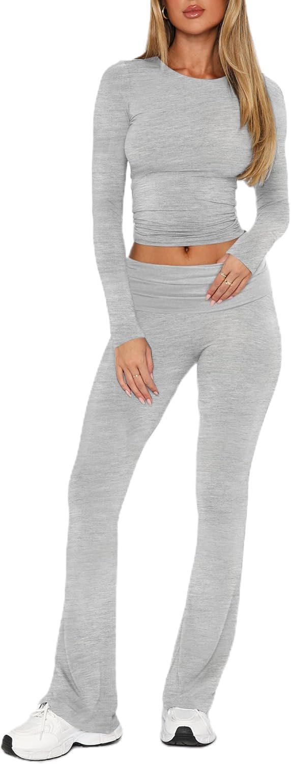 2 Piece Outfits Lounge Sets for Women Ruched Long Sleeve Tops Flare Yoga Pants Tracksuit Workout Sets