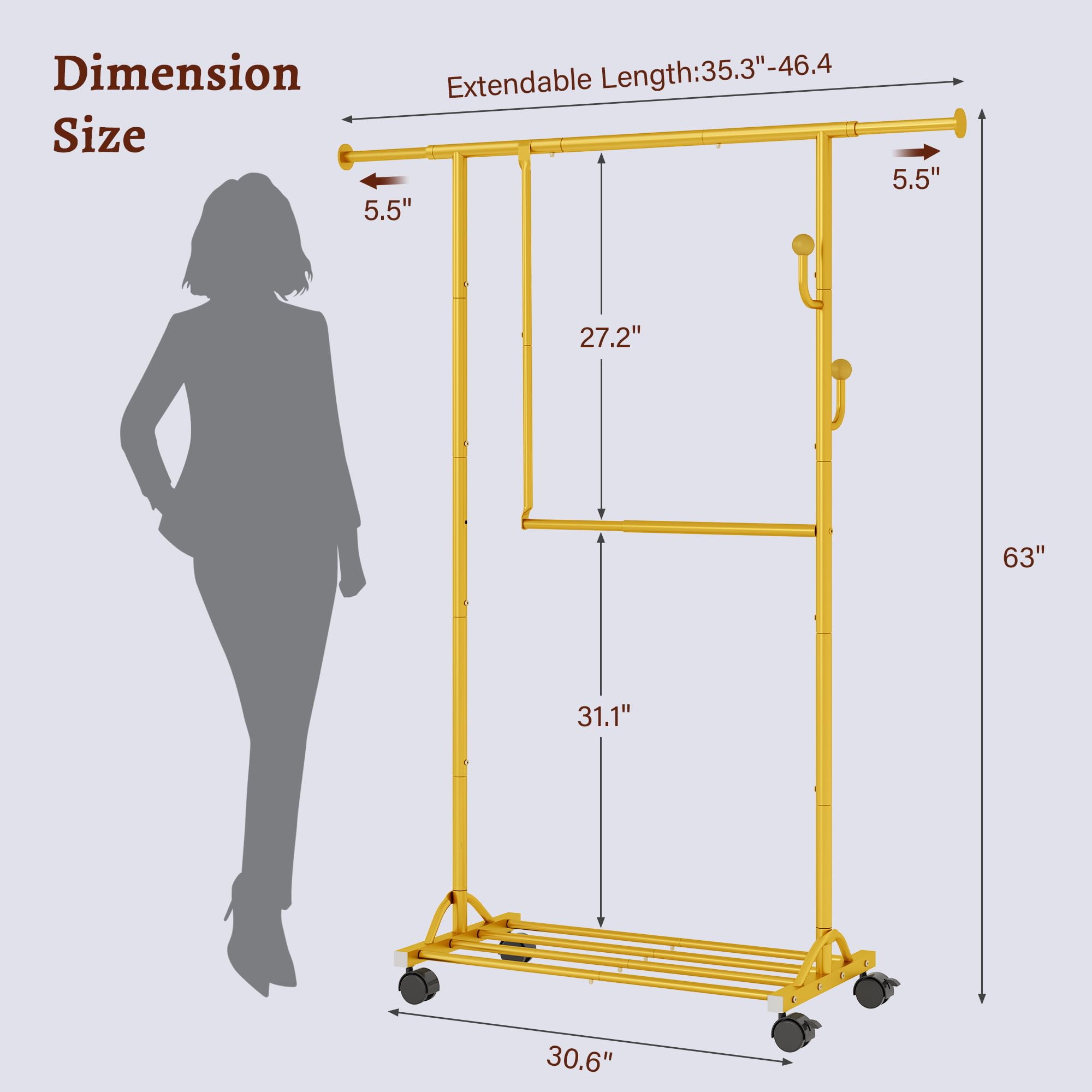 FAVOOSTY Stand Appendiabiti con Ruote, Attaccapanni Estensibile,Barra centrale regolabile, Doppia barra, (90-120) x 39,5 x160 cm, Facile montaggio,Oro