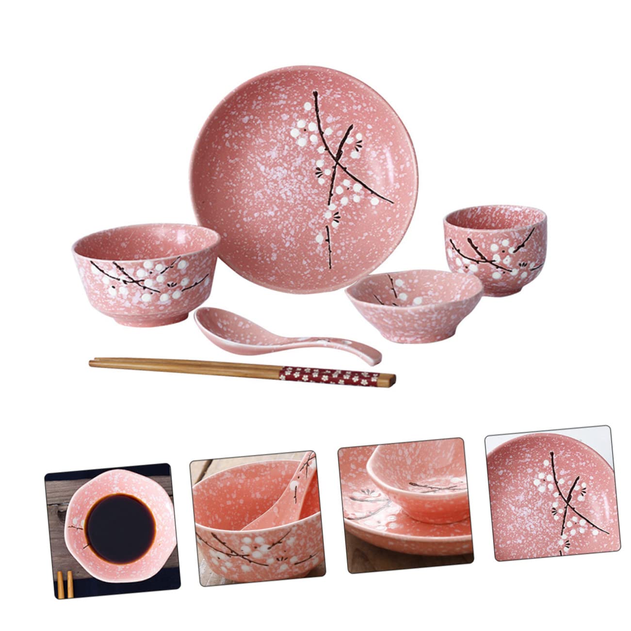 MAGICLULU Vajilla Japonesa Completo Rosa Cerámica Para Casa y Restaurante Incluye Cuencos Platos Vasos Cucharas y Palillos Superficie Lisa y Fácil Limpieza