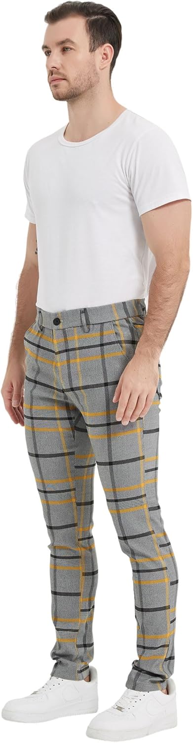 Plaid&Plain Men's Plaid Pants Skinny Dress Pants for Men Skinny Chino Pants Men
