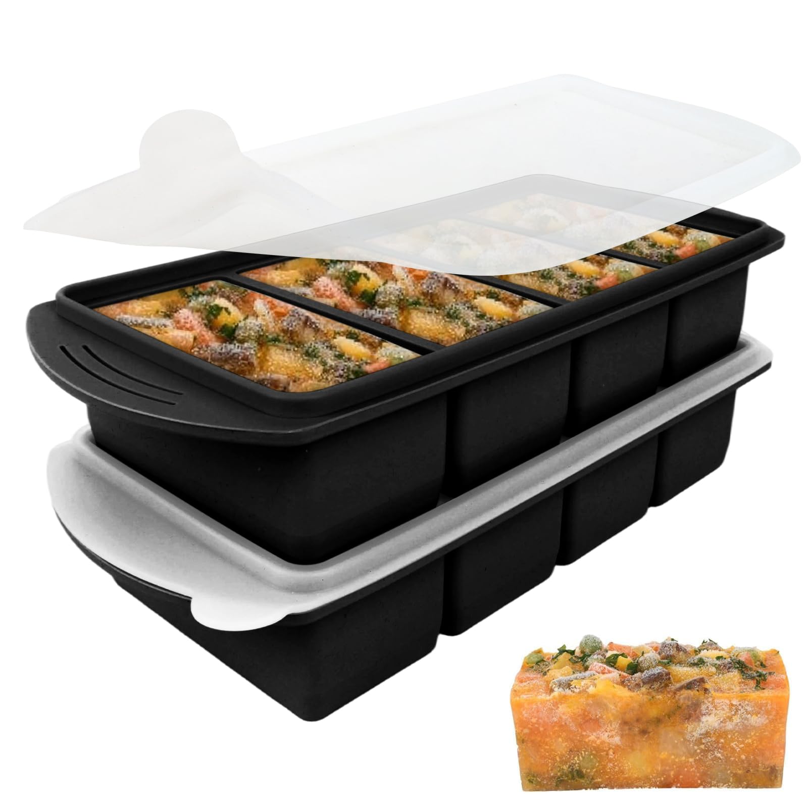 Jonuin 2 Pack Soup Cubes Silicone Freezer Tray, Soup Freezer Containers with Lid, Large 4-Compartment, Makes 8 1-Cup Portions Cubes, Silicone Freezer Moulds for Meal Prep, Soups, Sauce (Black)