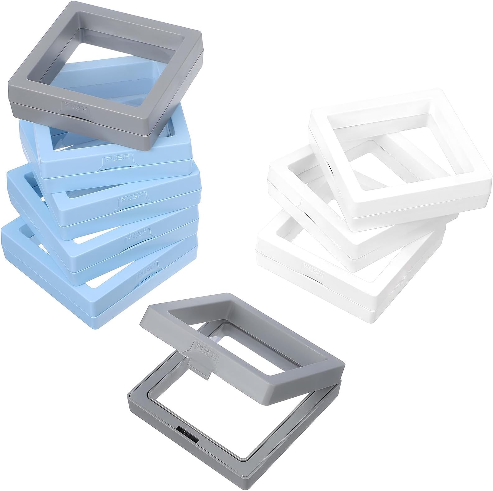 9Pcs Floating Display Boxes Set 7X7X2Cm Plastic Display Cases with 2 Grey 3 White 4 Light Blue Frames for Desktop Exhibition