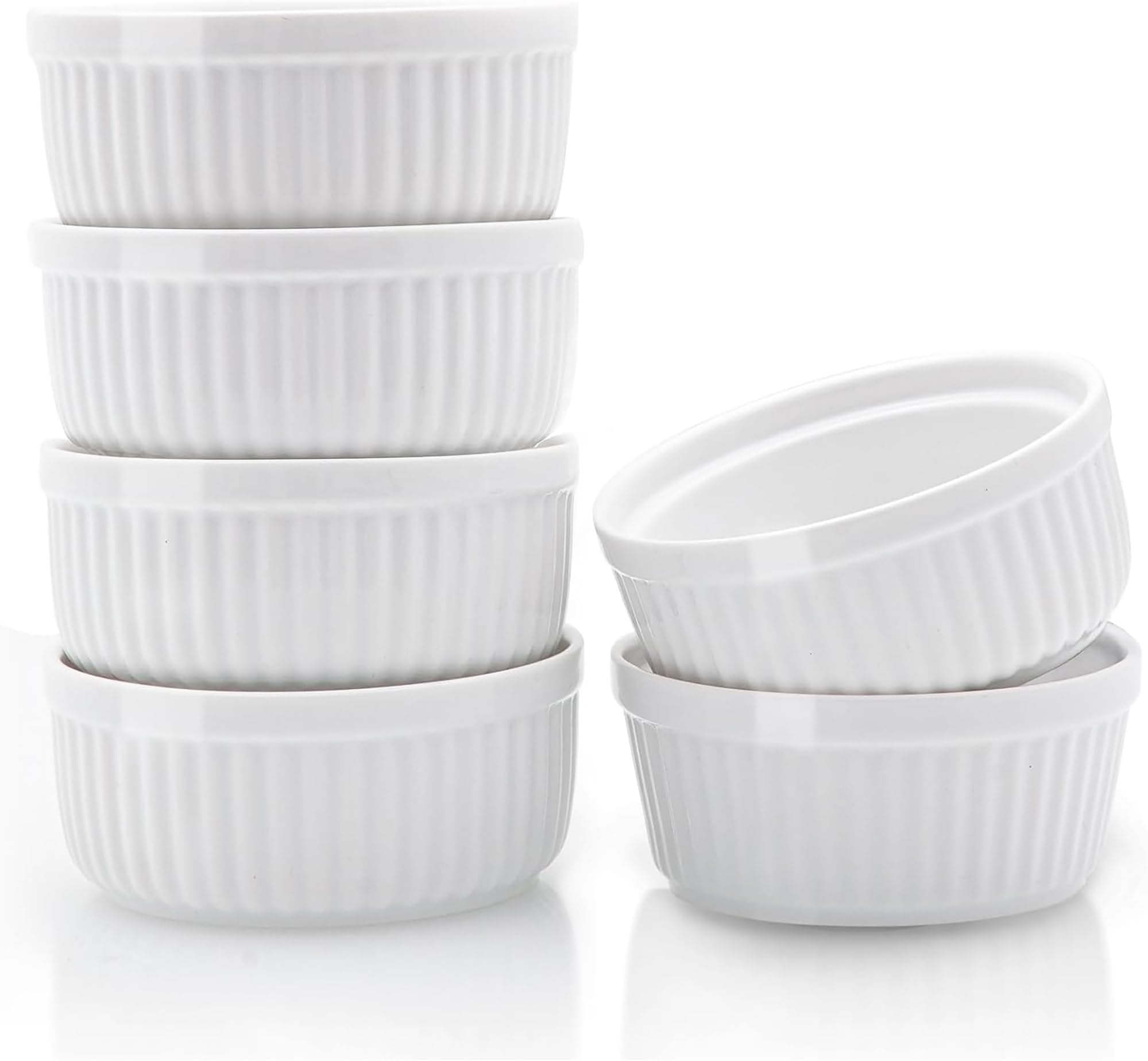 Nuwave Ceramic Ramekins 8 oz, Set of 6, Elegant Classic Style for Baking Souffles, Creme Brulées, Custards, Puddings, 4.3” Wide & 2” Tall, Microwave, Oven & Dishwasher-Safe, Ivory White (6)