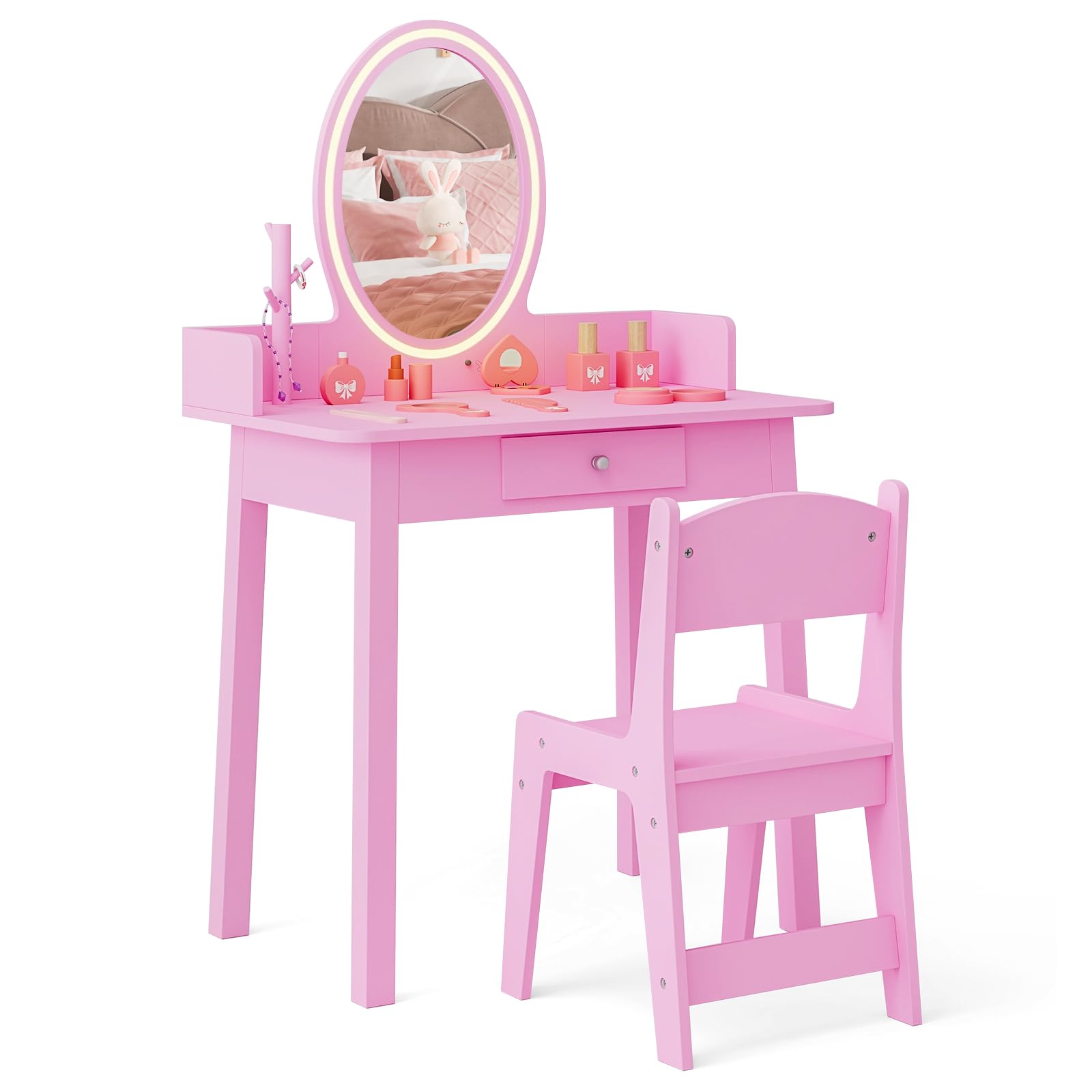 Toeletta Trucco Per Bambine Con Luci LED - Specchiera Con Sgabello In Legno (Rosa) - Foto 4