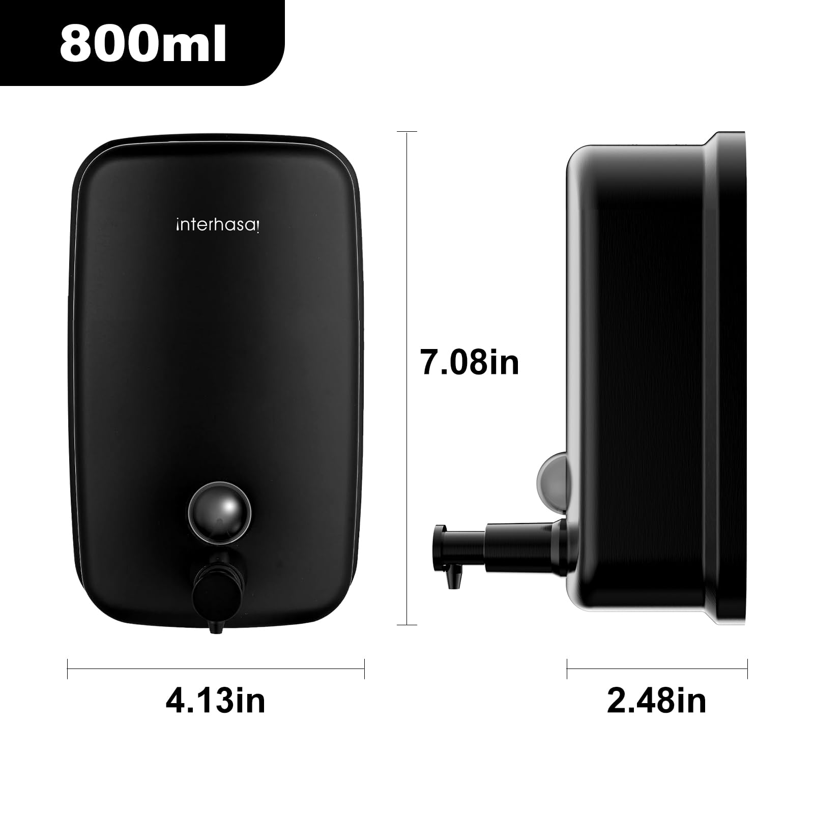 interhasa! Commerical Dispenser di sapone da parete Dispenser di sapone per le mani in acciaio inossidabile Dispenser di liquidi per cucina e bagno nero 800 ml