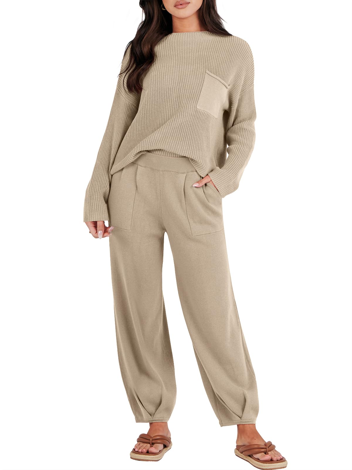 PrinbaraWomen's 2 Piece Outfits Sweater Sets Knit Fall Pullover Tops Oversized Pants Casual Tracksuit Lounge Sets