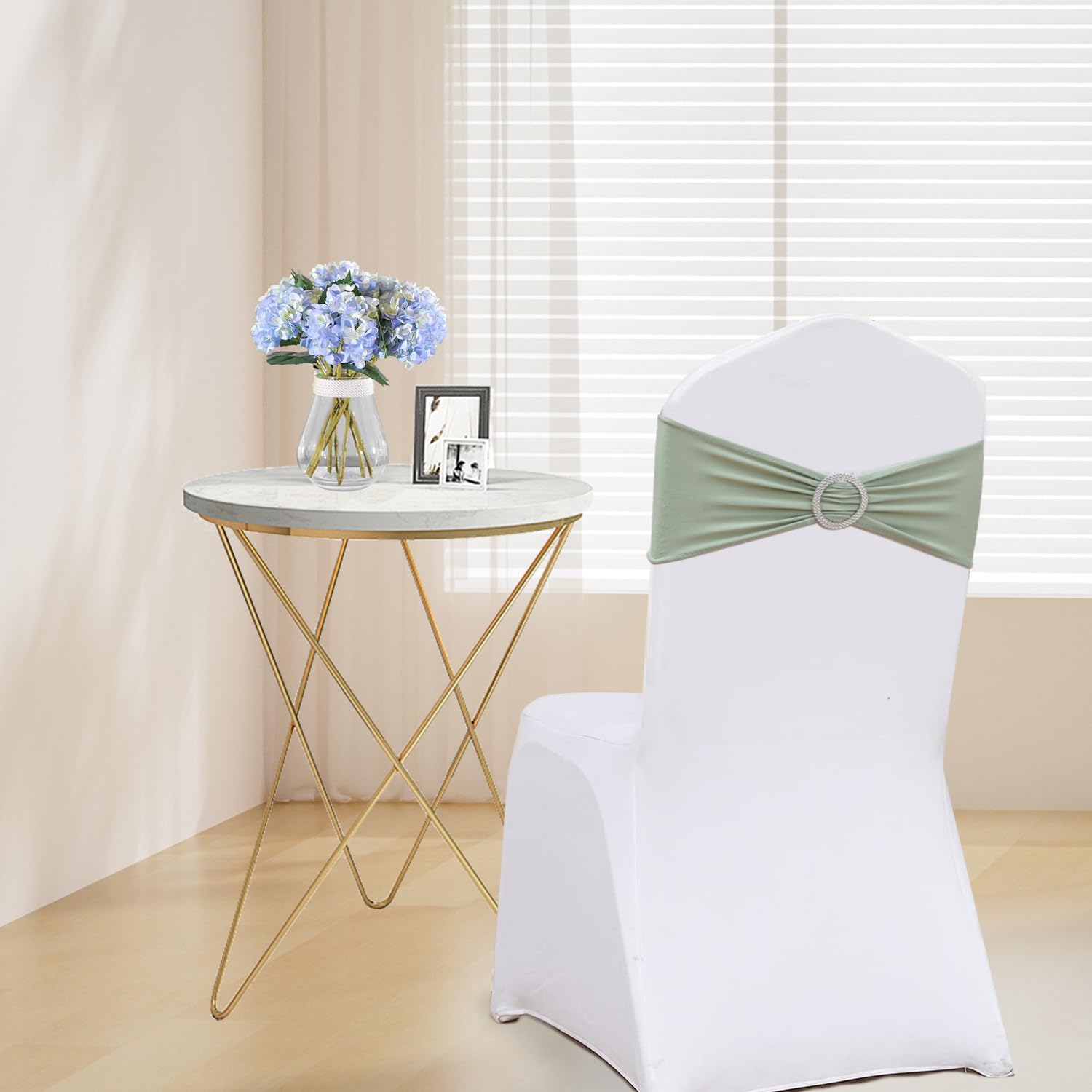 Stuhlschärpen für Hochzeit, 100 Stück, Spandex, Salbeigrün, Salbeigrün, Schleifen mit Blucke, für Brautschmuck, Babyparty, Geburtstag, Bankett, Party-Dekorationen