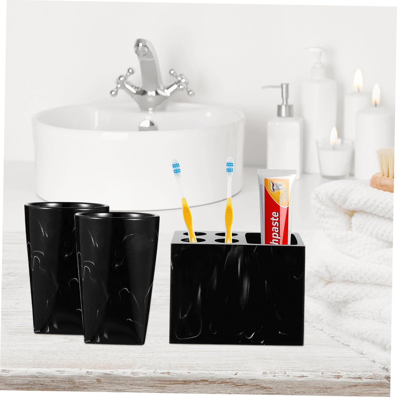 ABOOFAN Juego de Accesorios de Baño Marmolado Negro Jabonera, Estante para Cepillos, Vasos Enjuague Bucal y Botella de Viaje, Resina Práctica, para Baño y Viaje, Set de 5 Piezas
