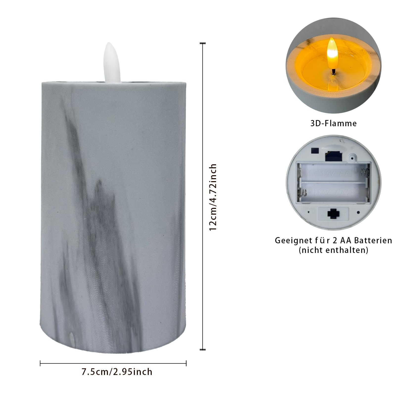 Marrakech Juego de 4 velas LED en mármol, decoración de mármol, 7,5 cm y 12 cm de alto, velas LED parpadeantes para exteriores, funciona con pilas, con función de temporizador para corona de Adviento,