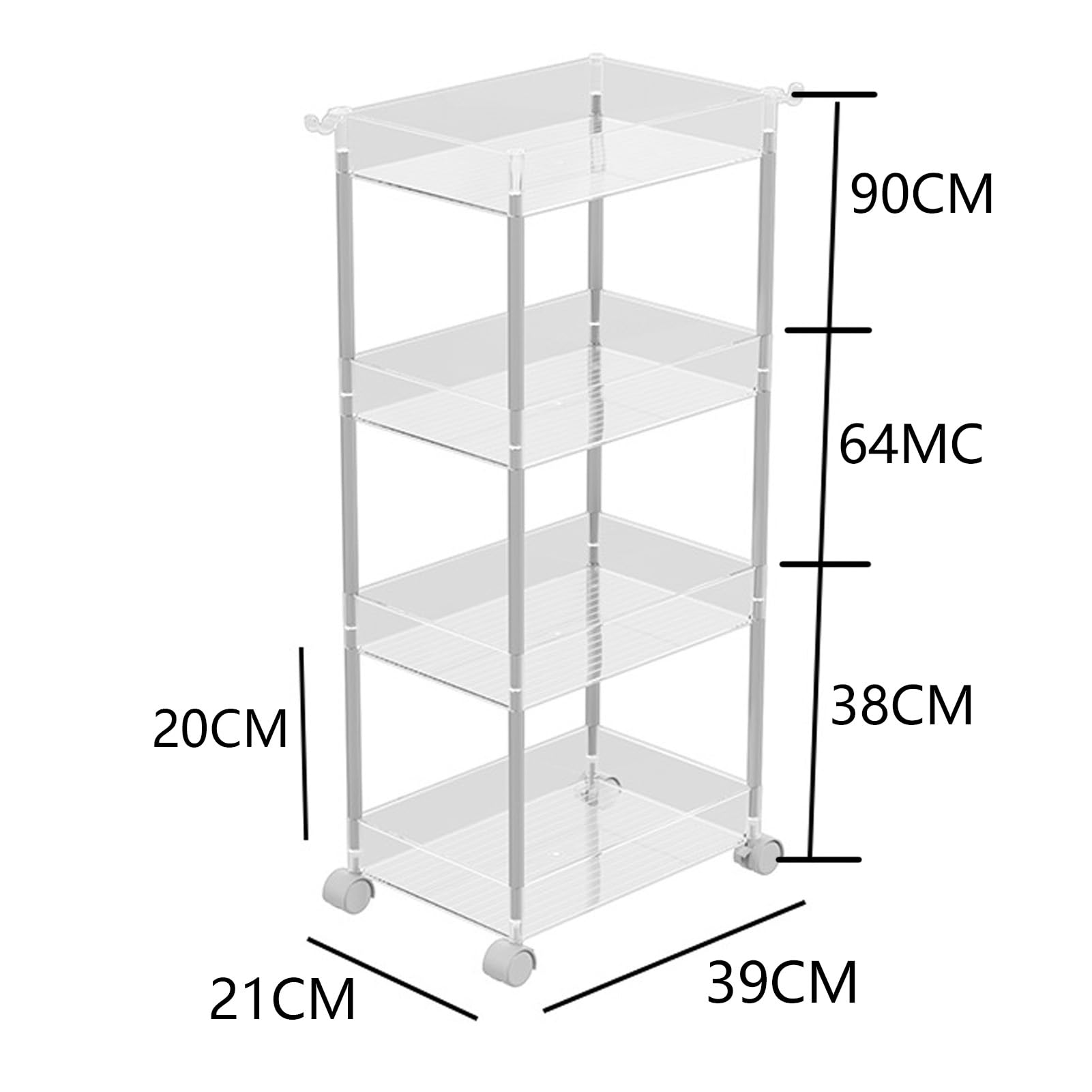 Carrito rodante utilitario con ruedas bloqueables, estantes móviles de 3 niveles con ganchos para baño, cocina, dormitorio, almacenamiento, diseño transparente