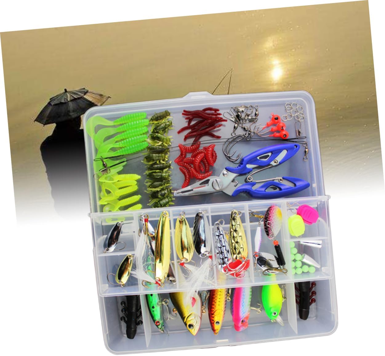 VICASKY 101Pcs Multifunctional Fishing Lure Set with Transparent Includes Spinners Treble Hooks Single Hooks and Swivels for Freshwater and Saltwater Fishing