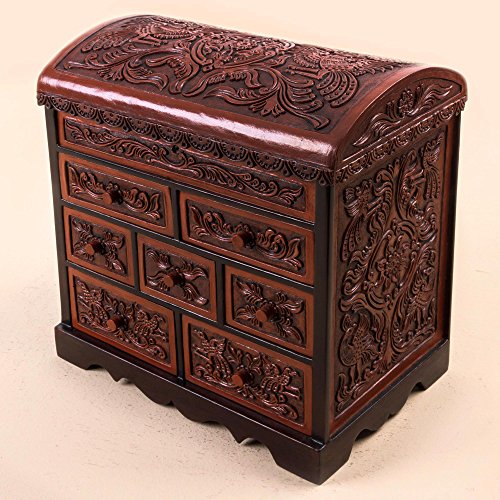 Novica Handmade Cedar Leather Jewelry Box With Key From Peru Brown Leatherwood Boxes Animal Themed Leaf Tree Colonial Bird 'Formidable Falcon' #TOP6