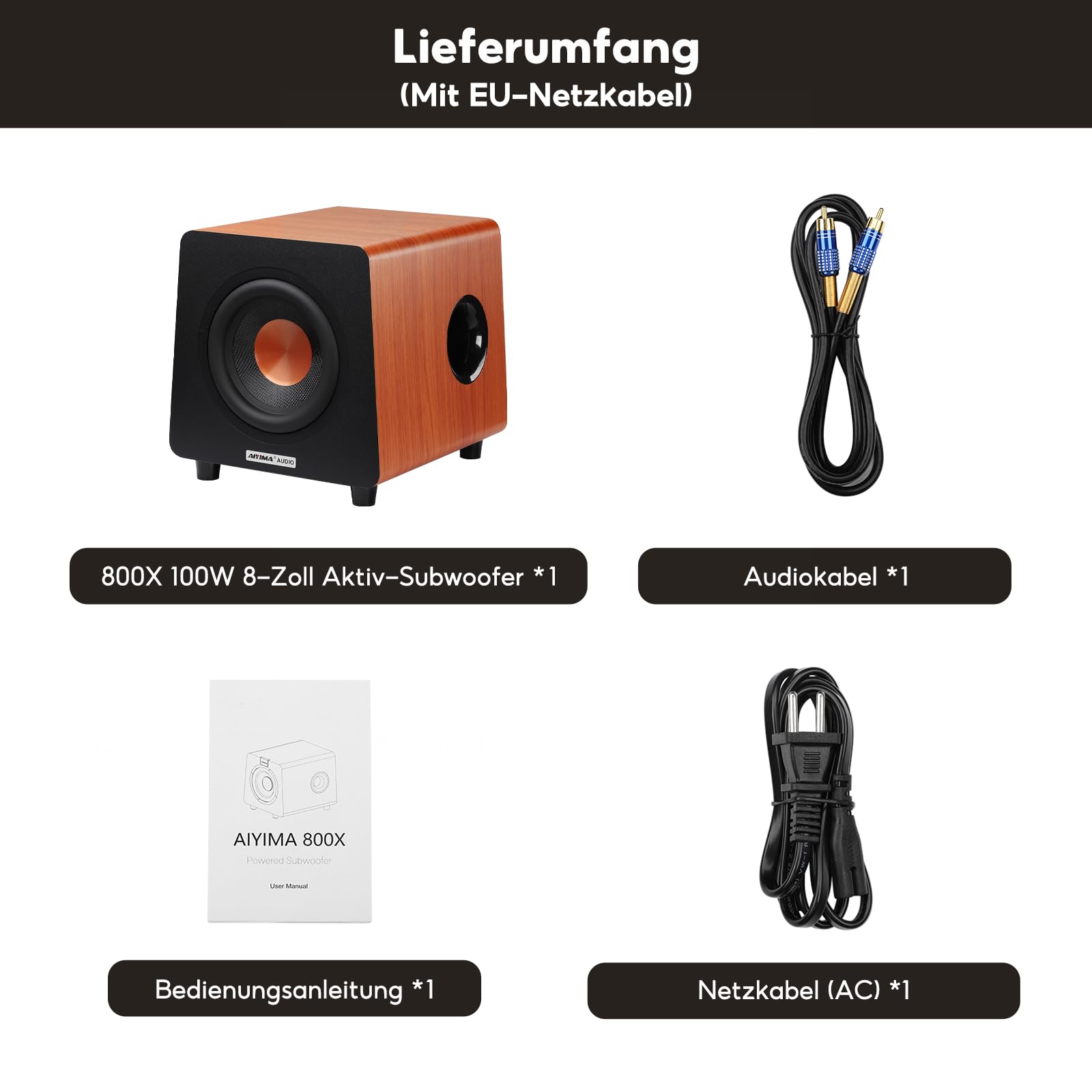 AIYIMA 800X Subwoofer Aktiv 8 Zoll, 100Watt Sub Woofer mit RCA AUX LFE Eingänge, Integrierter Verstärker, MDF Gehäuse, Braun – Für Heimkino & HiFi