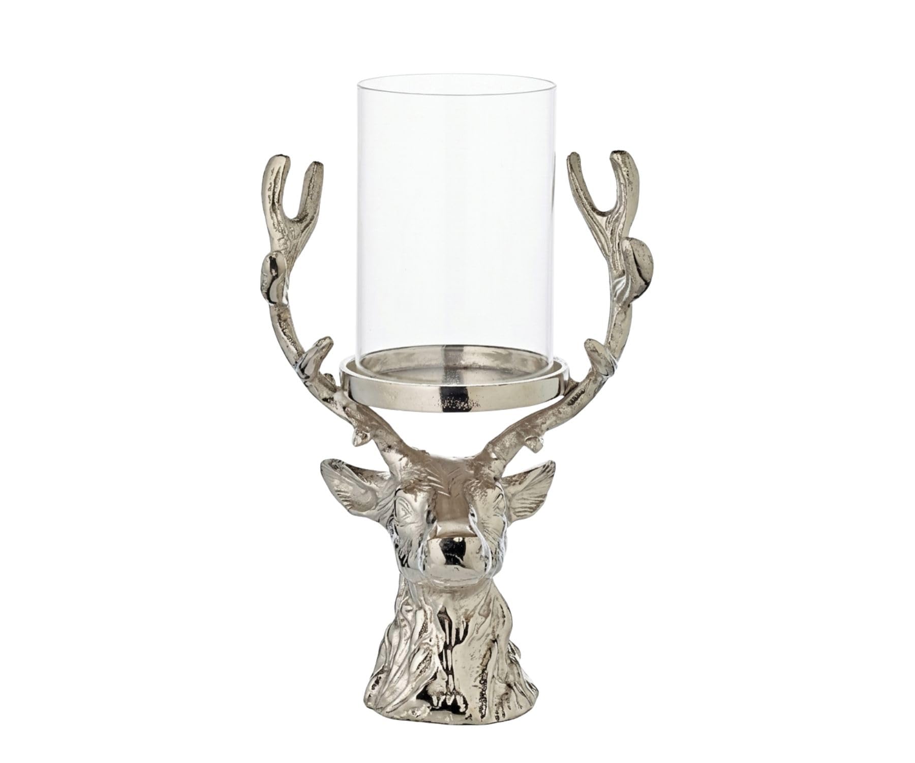 EDZARD Windlicht Hirsch Adi (H 28 cm), Aluminium vernickelt, für Stumpenkerzen bis Ø 8 cm – Kerzenhalter Hirsch Silber, Hirschkopf Deko, Geweih Windlicht, Tischdeko Weihnachten