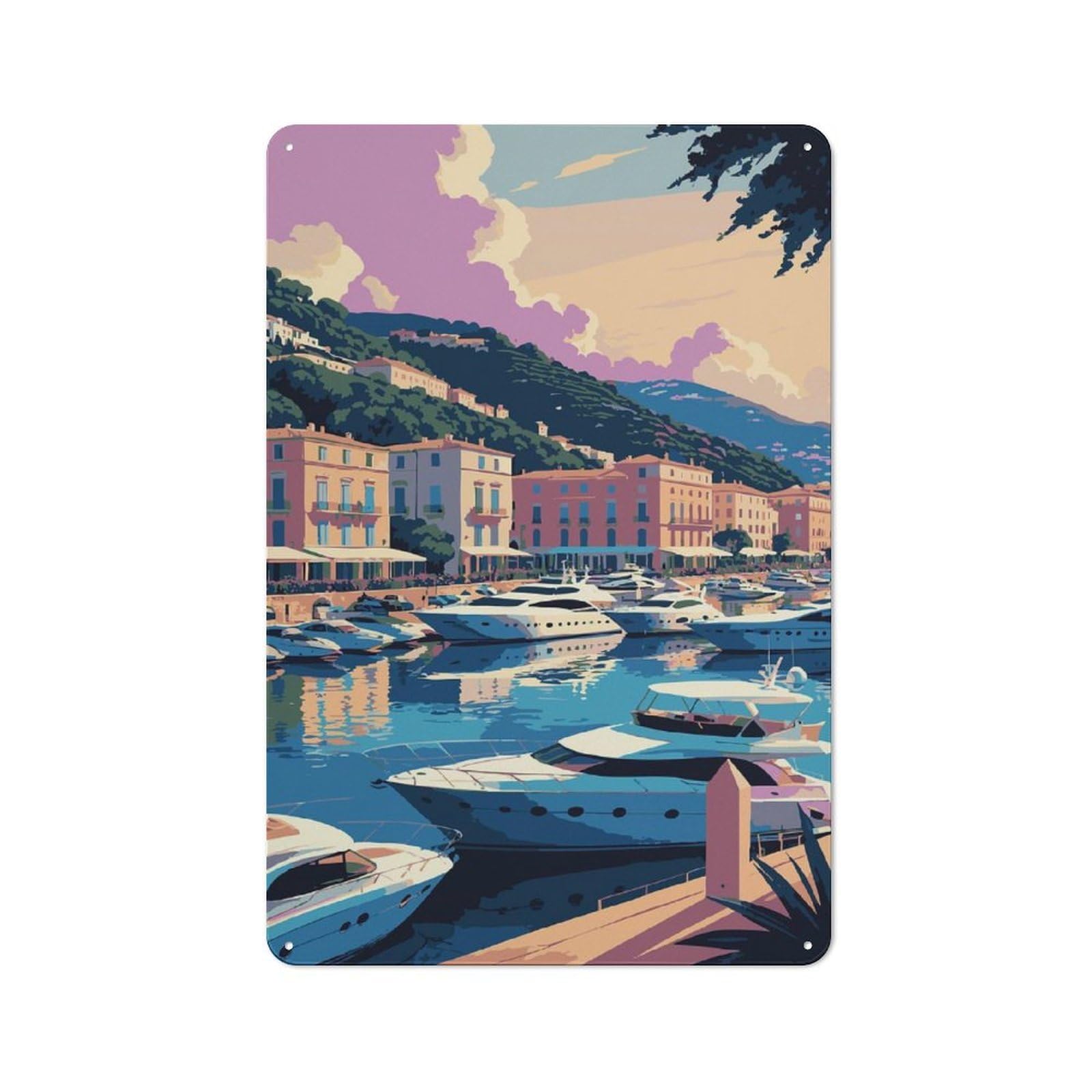 Junmoney Style-23 Rustic Tin Sign 30X20cm Featuring Coastal Cityscape With Yachts And Buildings For Living Room Wall, For Room Styling Across Living Rooms And Feature Walls