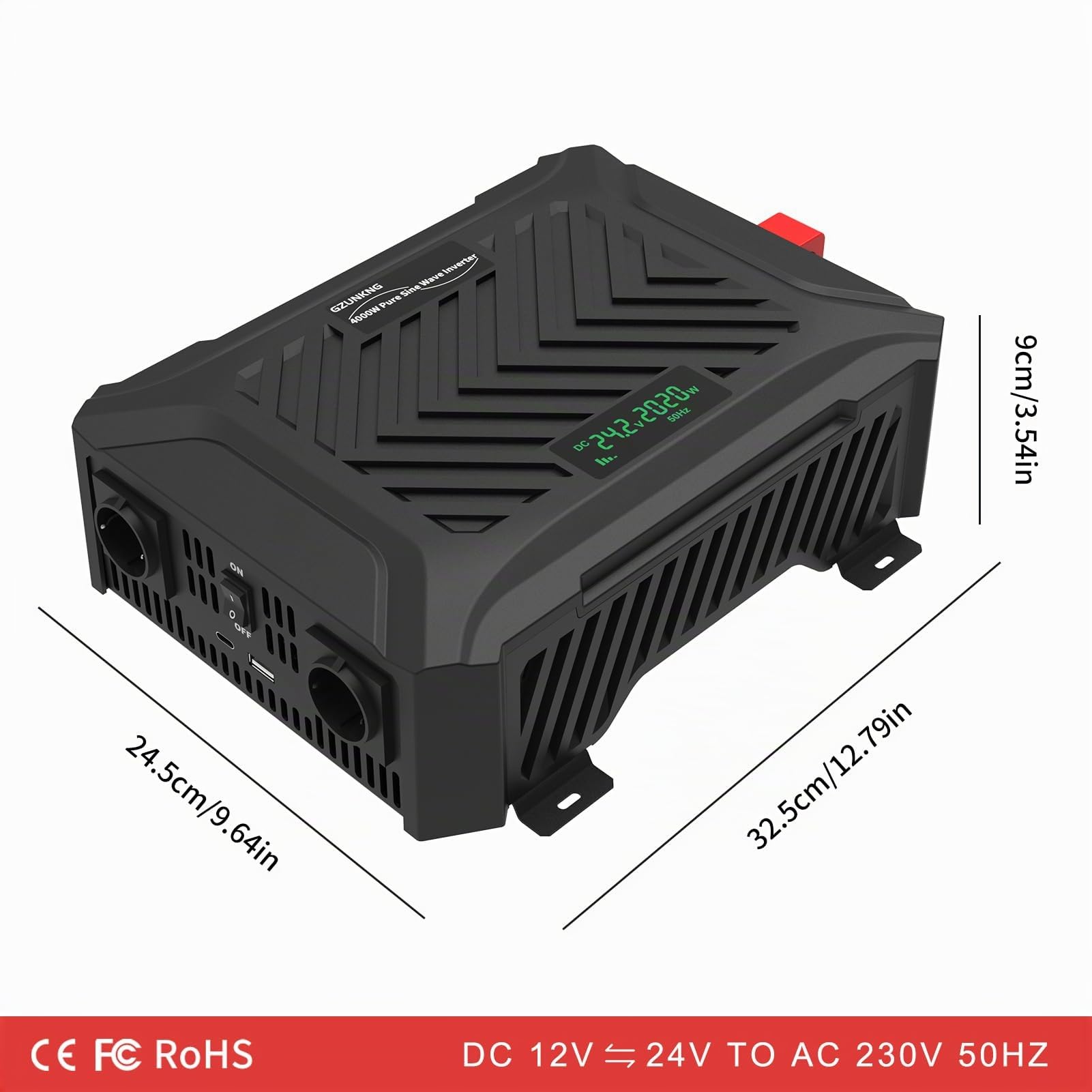 Dual Voltage Wechselrichter 12V/24V auf 230V Reiner Sinus Universal Dualer Spannungswandler 2000W/2000W, Automatische intelligente Erkennung von 12V/24V, Spitzenleistung 4000W/4000W.