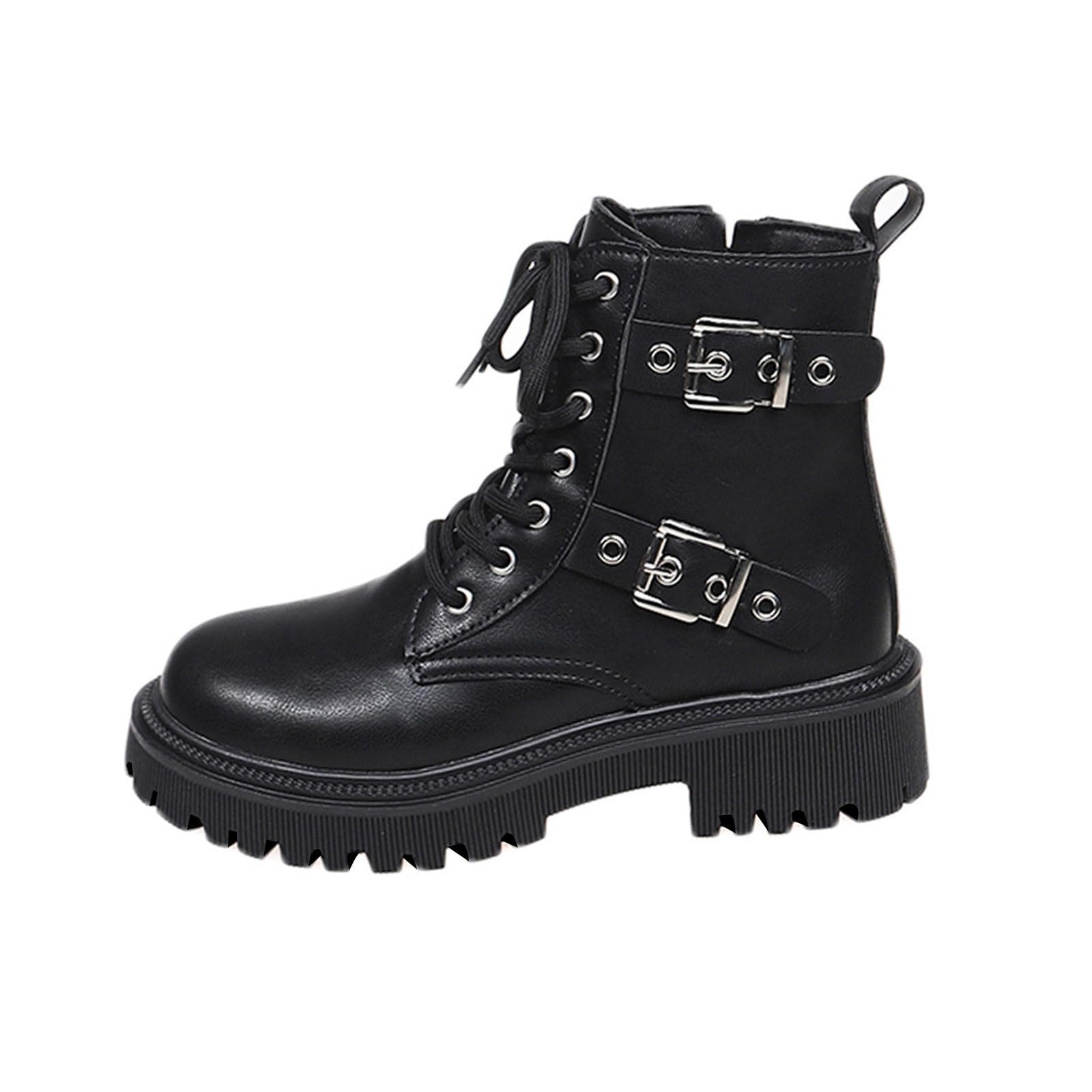 Womens Lace-Up Ankle Boots Round Toe Belt Buckle Detail Thick Sole Low Heel for A Grunge Inspired Look