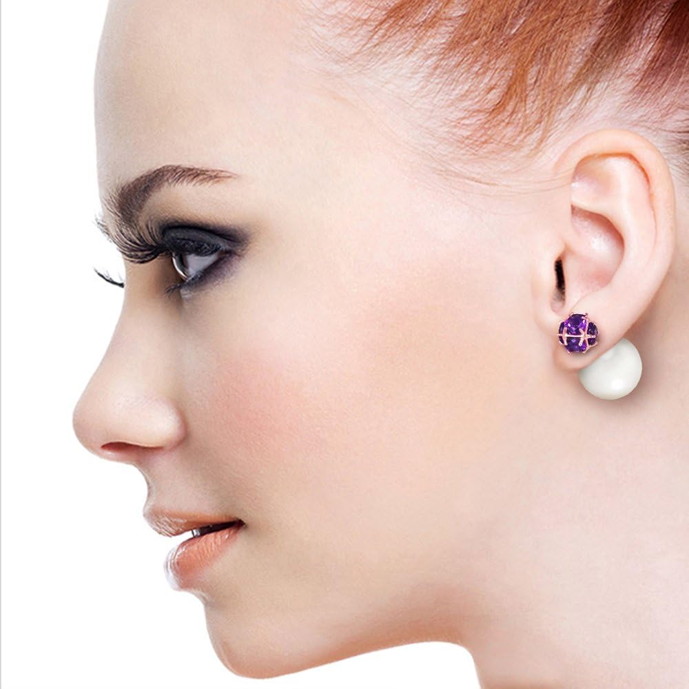 Galaxy Gold GG 14K Solid Gold Shell Pearl and Amethyst Stud Earrings for Women, Fine Jewelry