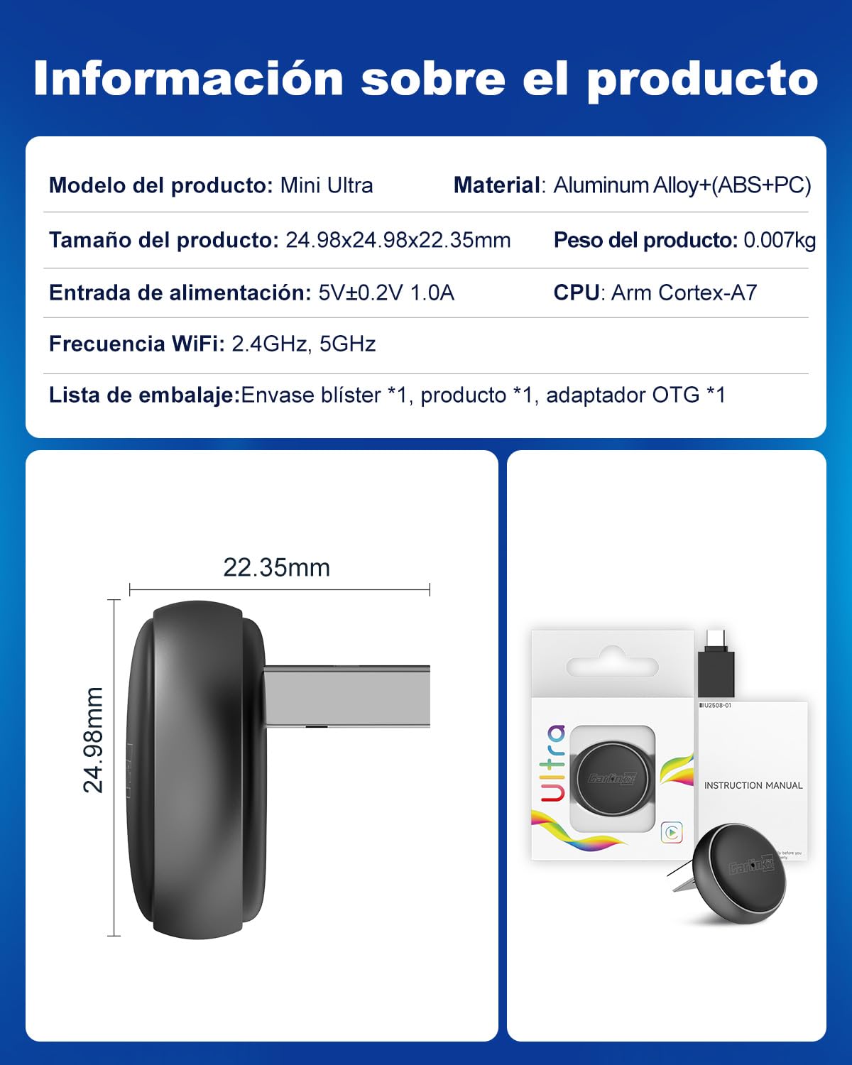 Carlinkit Adaptador inalámbrico CarPlay y Android Auto – Mini Ultra 3 Convert OEM con cable a dongle inalámbrico para iPhone y Android 11+, USB-A/Type-C Plug & Play, conexión rápida, actualización en