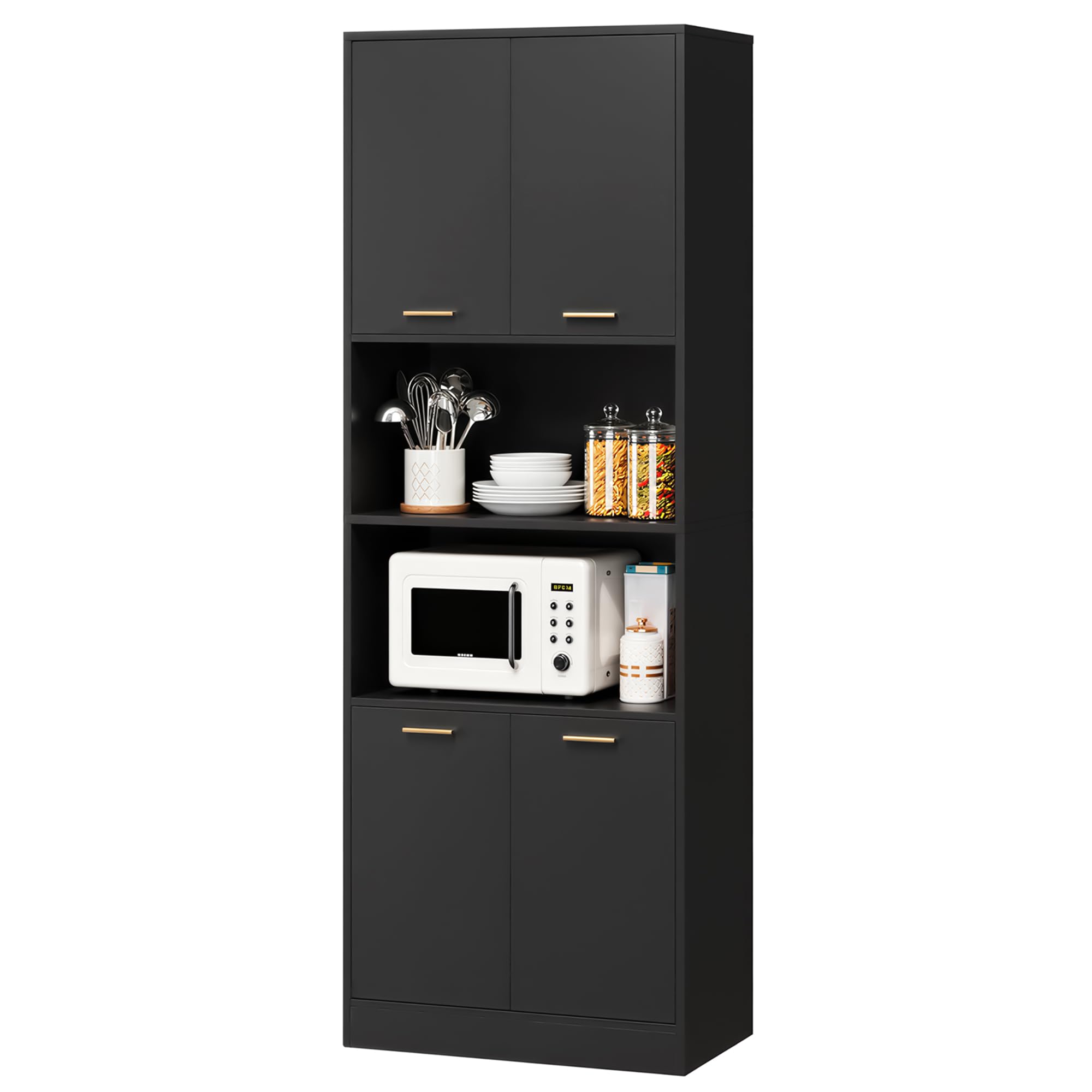 Keyluv 71" Kitchen Pantry Storage Cabinet with Doors and Microwave Stand, Freestanding Narrow Kitchen Cabinet Hutch Coffee Bar with Adjustable Shelves