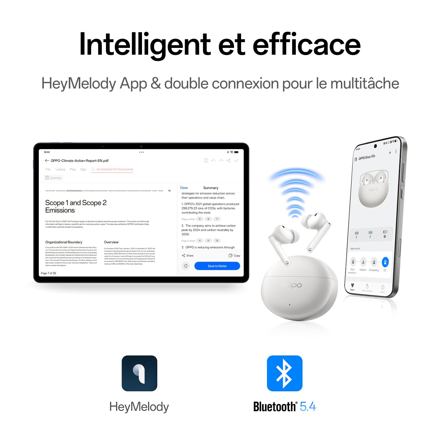 OPPO Enco X3s Écouteurs sans Fil, Son Dynaudio, 55dB ANC, AI Translation, LHDC 5.0 Hi-Res Audio, 45 h Batterie, Bluetooth 5.4, Blanc