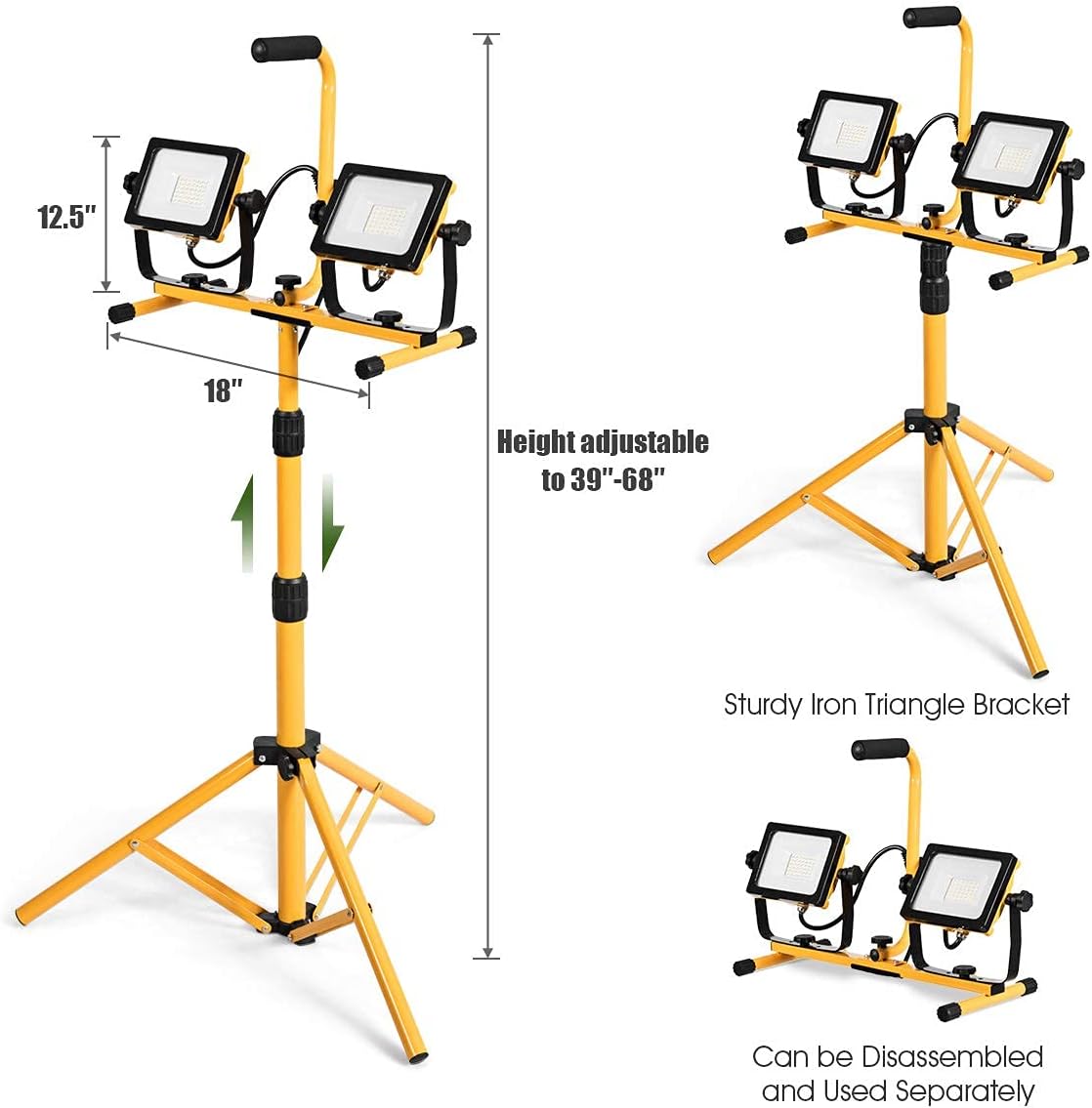 Tangkula 6000 Lumen LED Dual-Head Work Light, 60W 9ft Power Cord, Adjustable Metal Telescopic Tripod Stand, IP65 Waterproof Rotating Lamps, Detachable Metal Lamp Housing