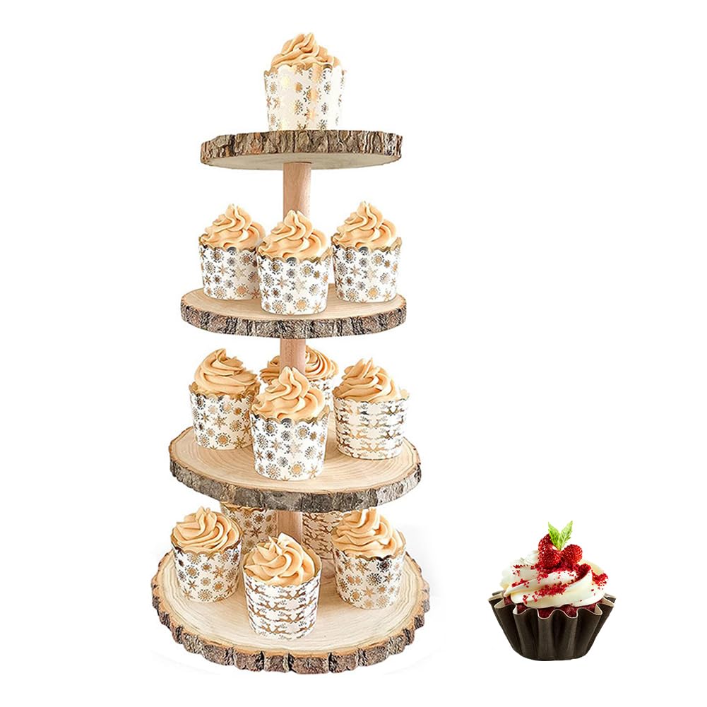 HCLSHOP Wooden Cupcake Tower Stand Decorative Fruit Snack Display Tray Detachable Wood Rustic Cupcake Holder for Wedding Tea Party Birthday Baby Shower Dessert Display Round 4 Tier