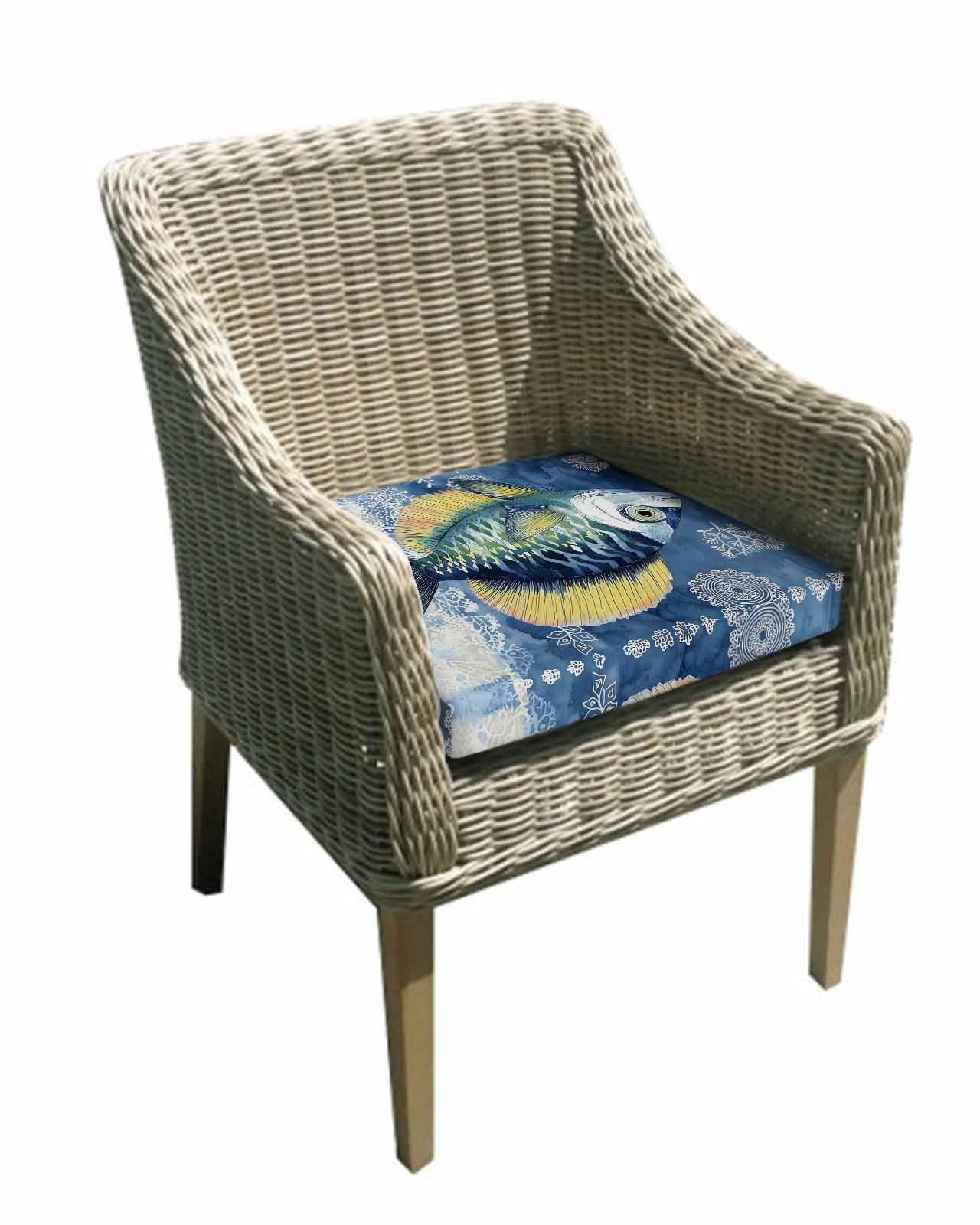 2 Pack Coastal Blue Yellow Fish Waterproof Cushion Covers with Ties, Outdoor Patio Chaise Lounge Chair Seat Cushion Slip Covers Replacement(Only Cover) Summer Ocean Coral Plant 22