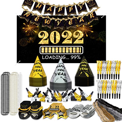New Years Party Supplies 100 Guests - Happy New Year Party Supplies 2022 Kit for 100 Guests, Including 50 Hats, 50 Glasses, 50 Les, 50 Necklaces, 50 Squakers, 50 Blowouts, a Happy New Year Banner, Huge 2022 Foil Balloons and and a New Year Eve Backdr