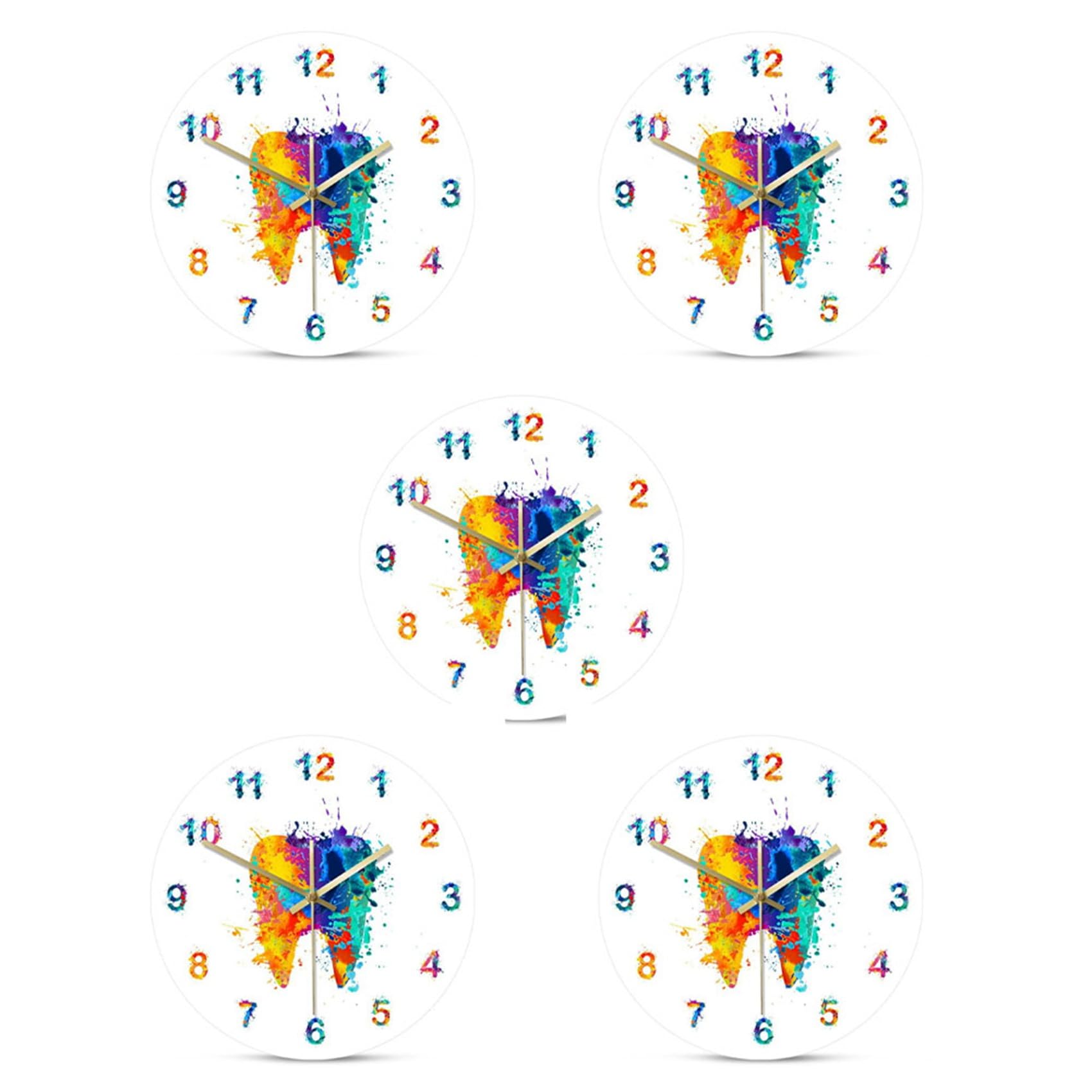 Hndhbfgrt 5X Watercolour Tooth Painting Print Wall Clock Dental Clinic Wall Art Non Ticking Wall Watch Orthodontist Dentist