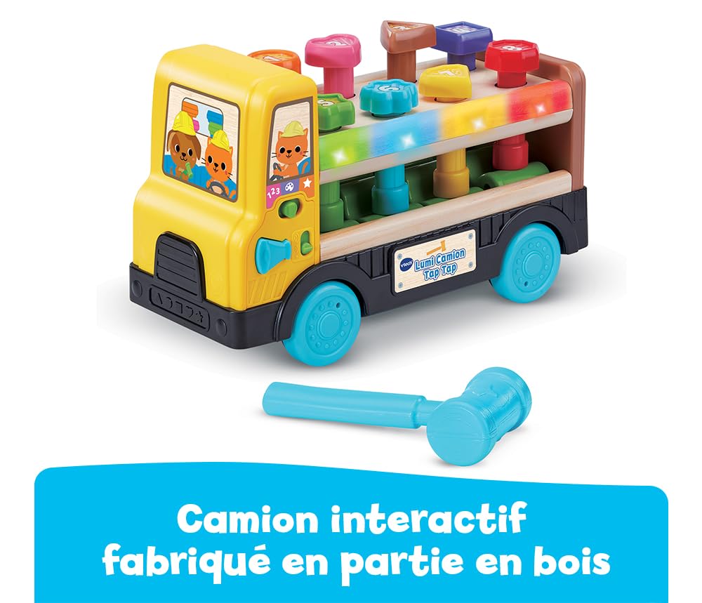 VTech – Lumi Camión Tap Tap, Camión Infantil Hablando y Musical Parcialmente de Madera, Juguete de Despertar y Motricidad Interactivo y Luminoso, Regalo para Bebé a Partir de 18 Meses – Contenido en | Camión de Juguete Interactivo en Parte de Madera, Jueg
