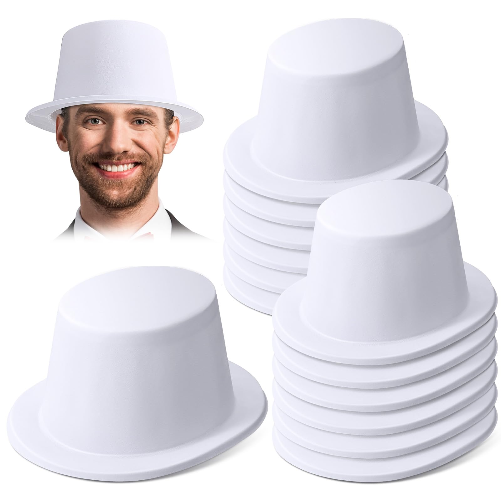 SATINIOR White Hats 12 Pcs Top Hats Mardi Gras Costume Men Plastic Magician Retro Disco Party Hats for Adults Party Supply