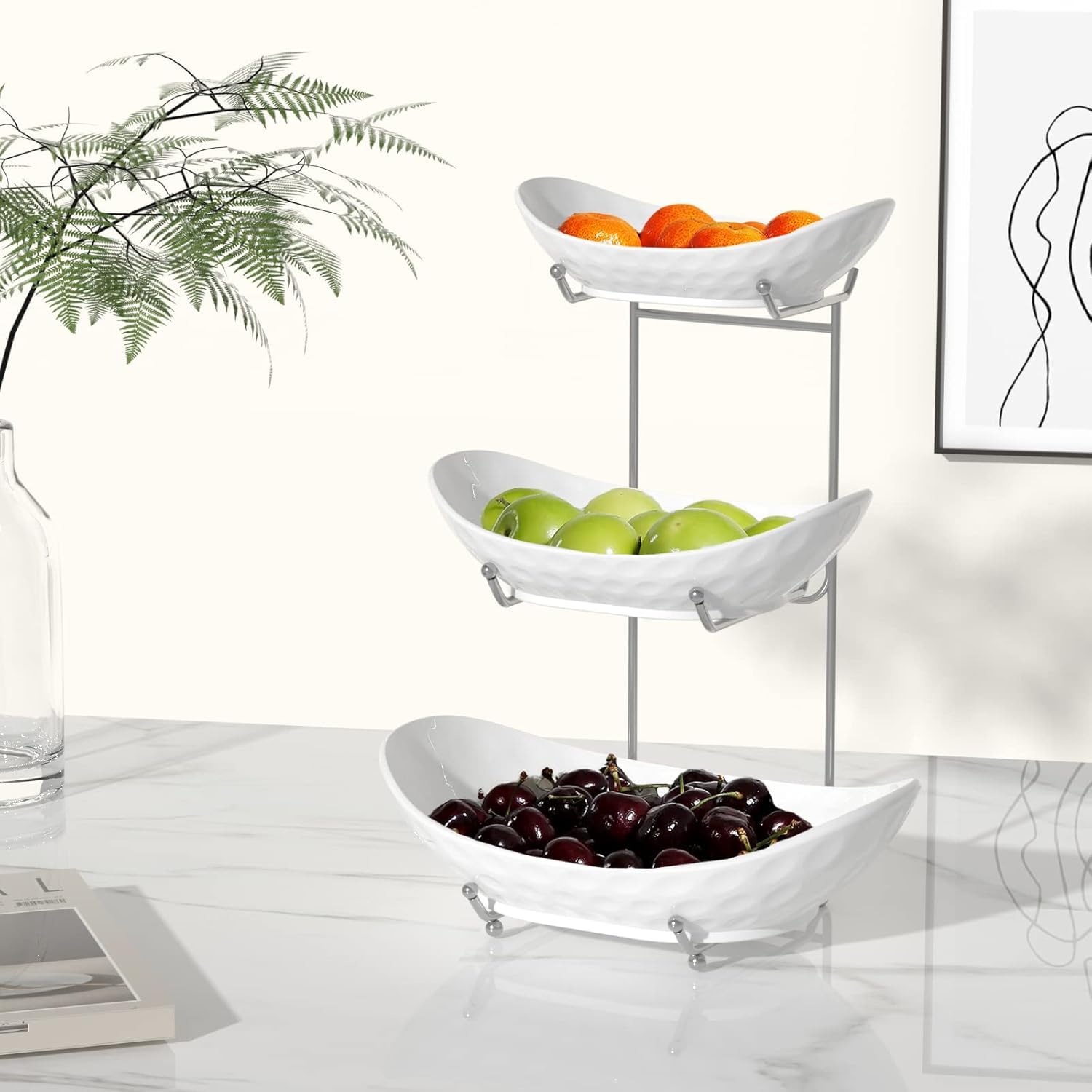 Cuenco de frutas, cesta de cerámica de 3 niveles, soporte para servir de 3 niveles con estante de metal, cuencos de cocina de porcelana para frutas, verduras, aperitivos, nueces, postres,