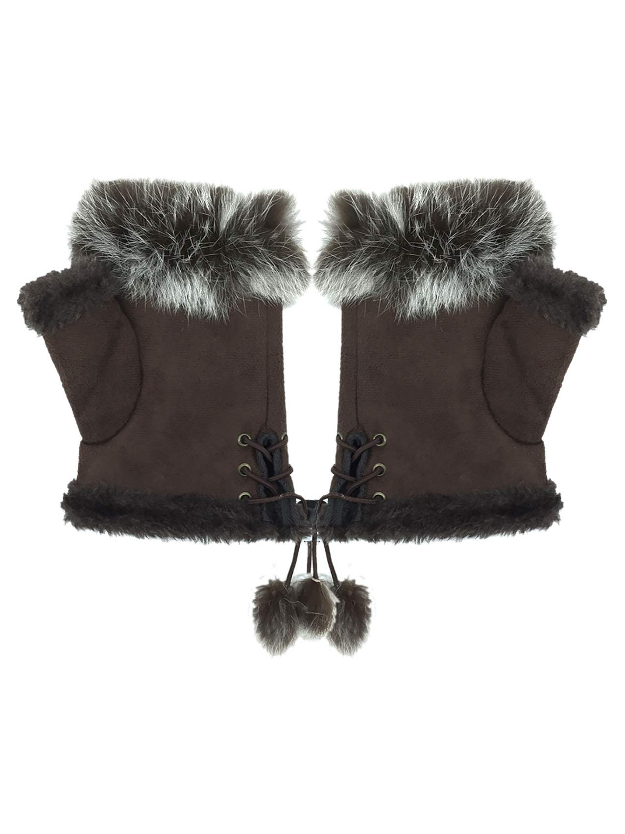 Finecy In NEW Womens Ladies Fluffy Fur Fingerless Gloves Mittens Micro Suede Fur Lined Soft Warm Winter Brown